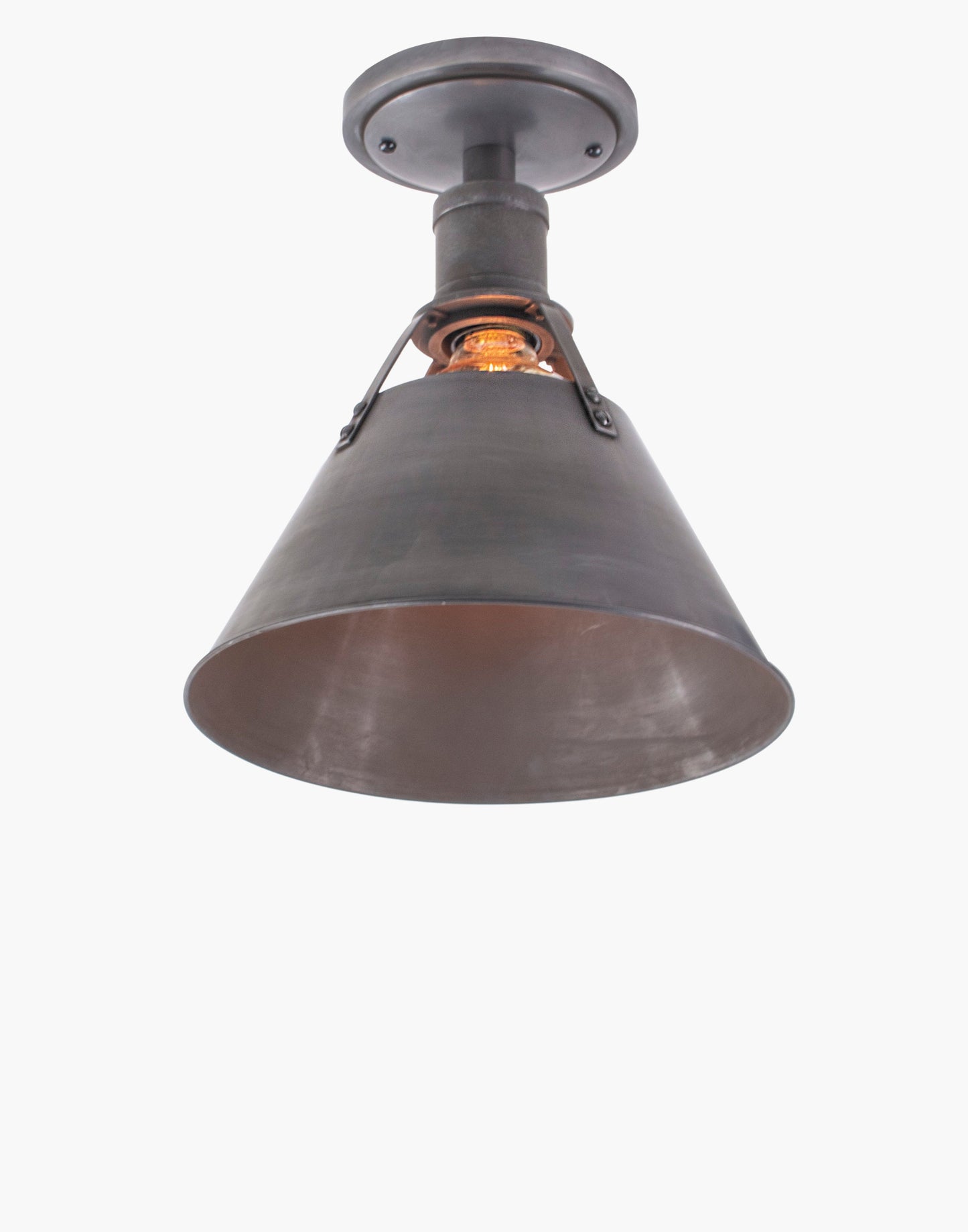 Brass pendant light with metal shade, nautical industrial transitional fixture for kitchen island, countertop, or dining table lighting.