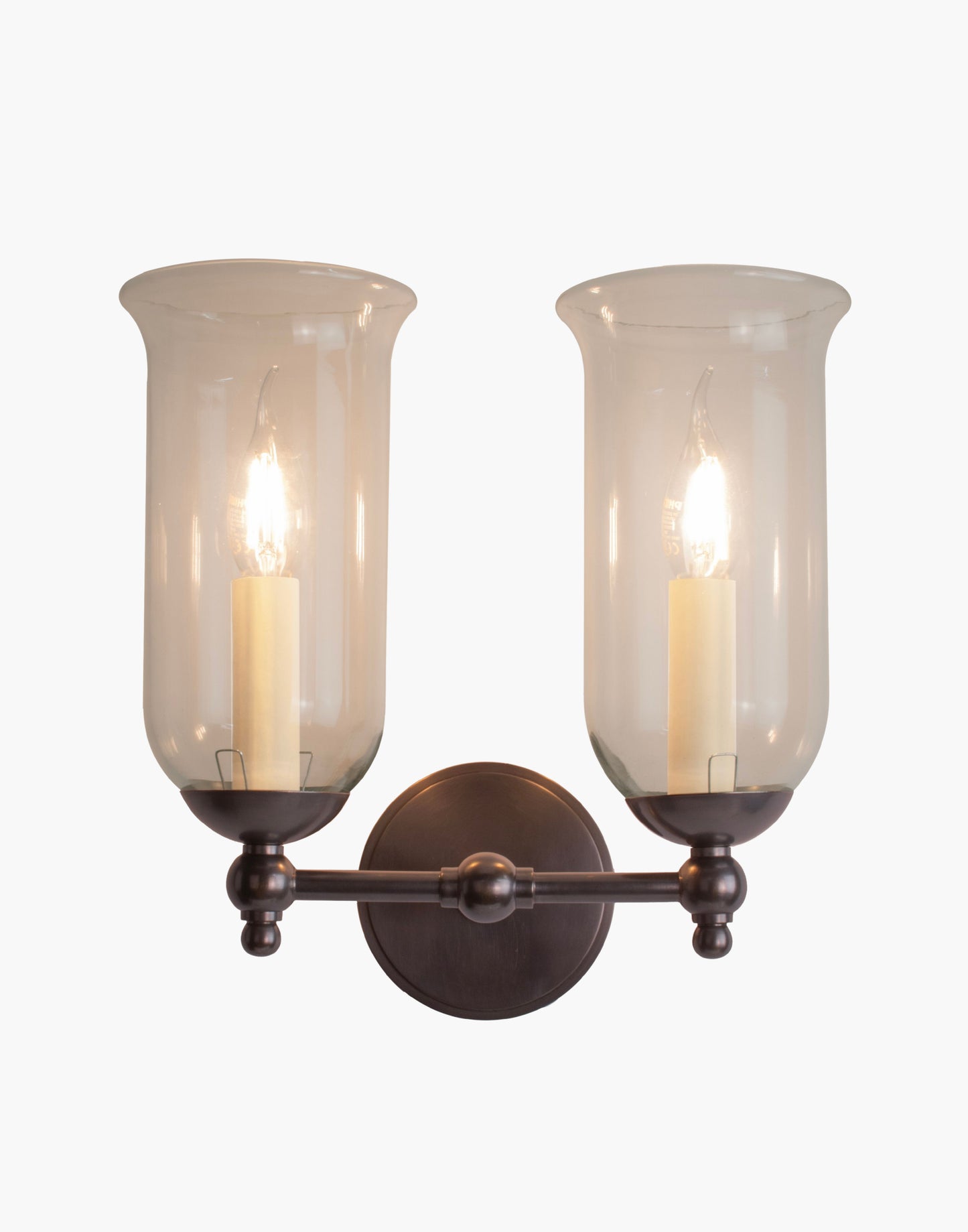 Storm Glass wall sconce twin in brass with rustic storm glass shades for bathroom or interior lighting