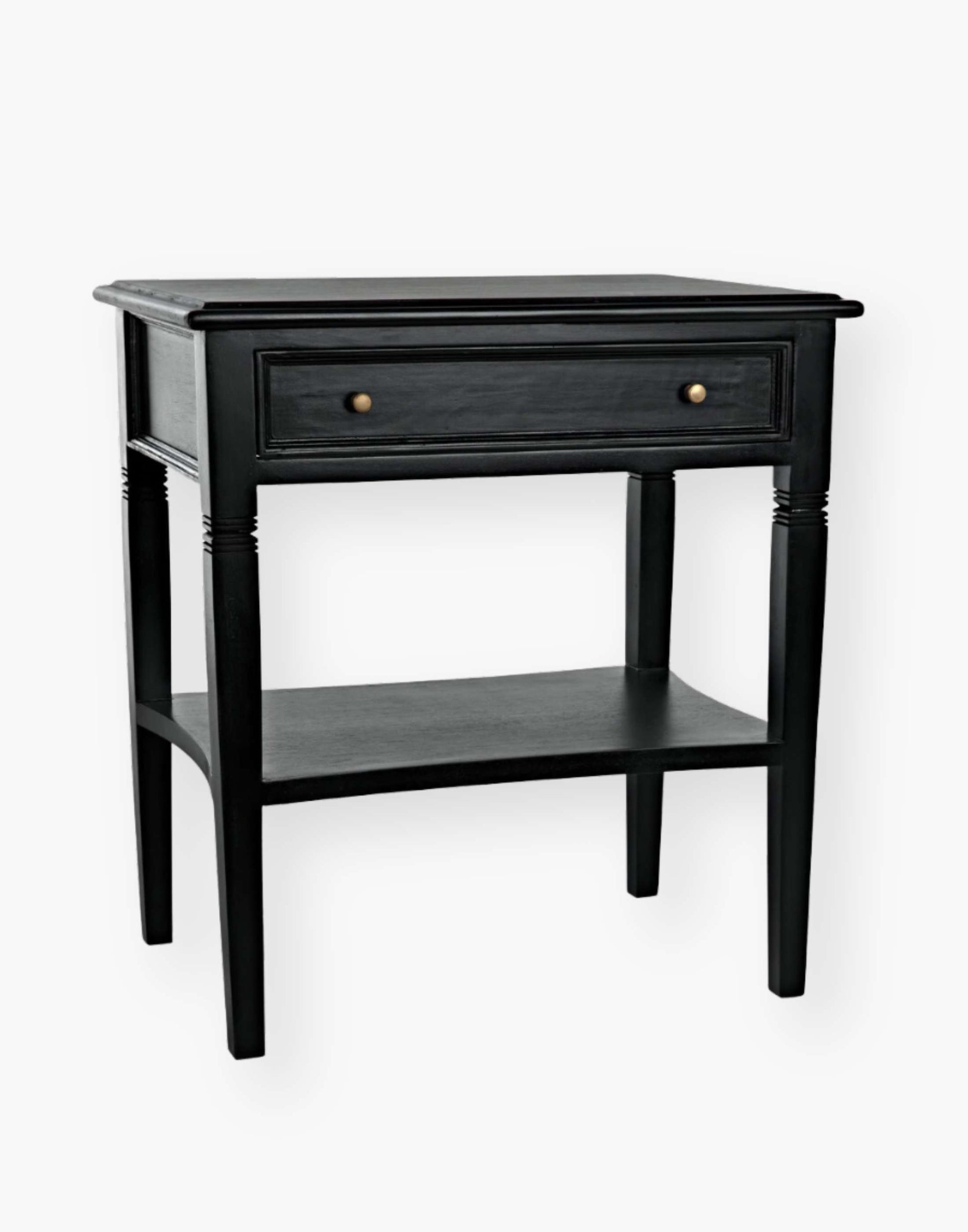 Weathered Black Solid mahogany side table with tapered legs and decorative carvings. Perfect for living rooms or bedrooms.