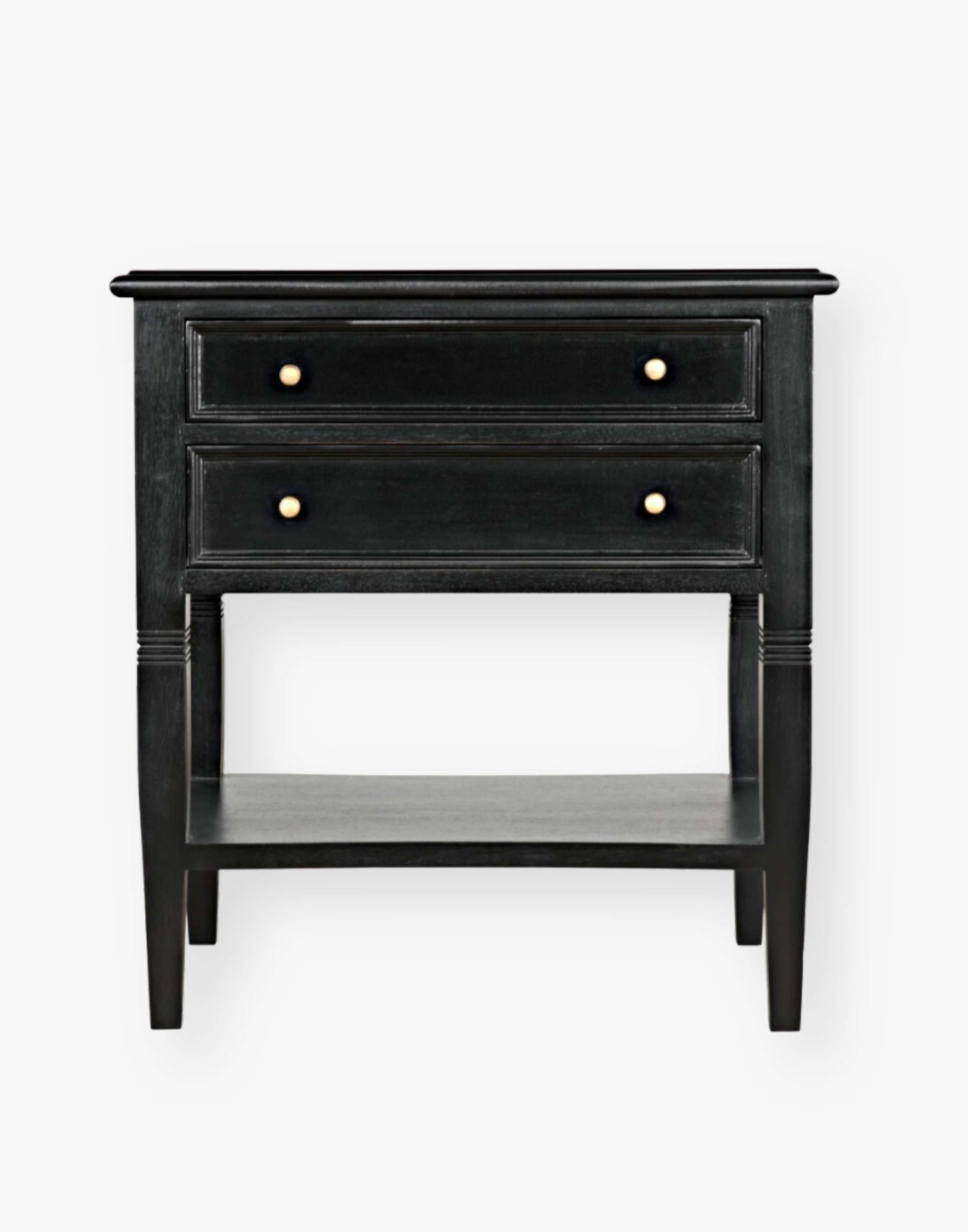 Hand Rubbed Black Mahogany and veneer side table with brass pulls, modern design, perfect for sofa or bedside.