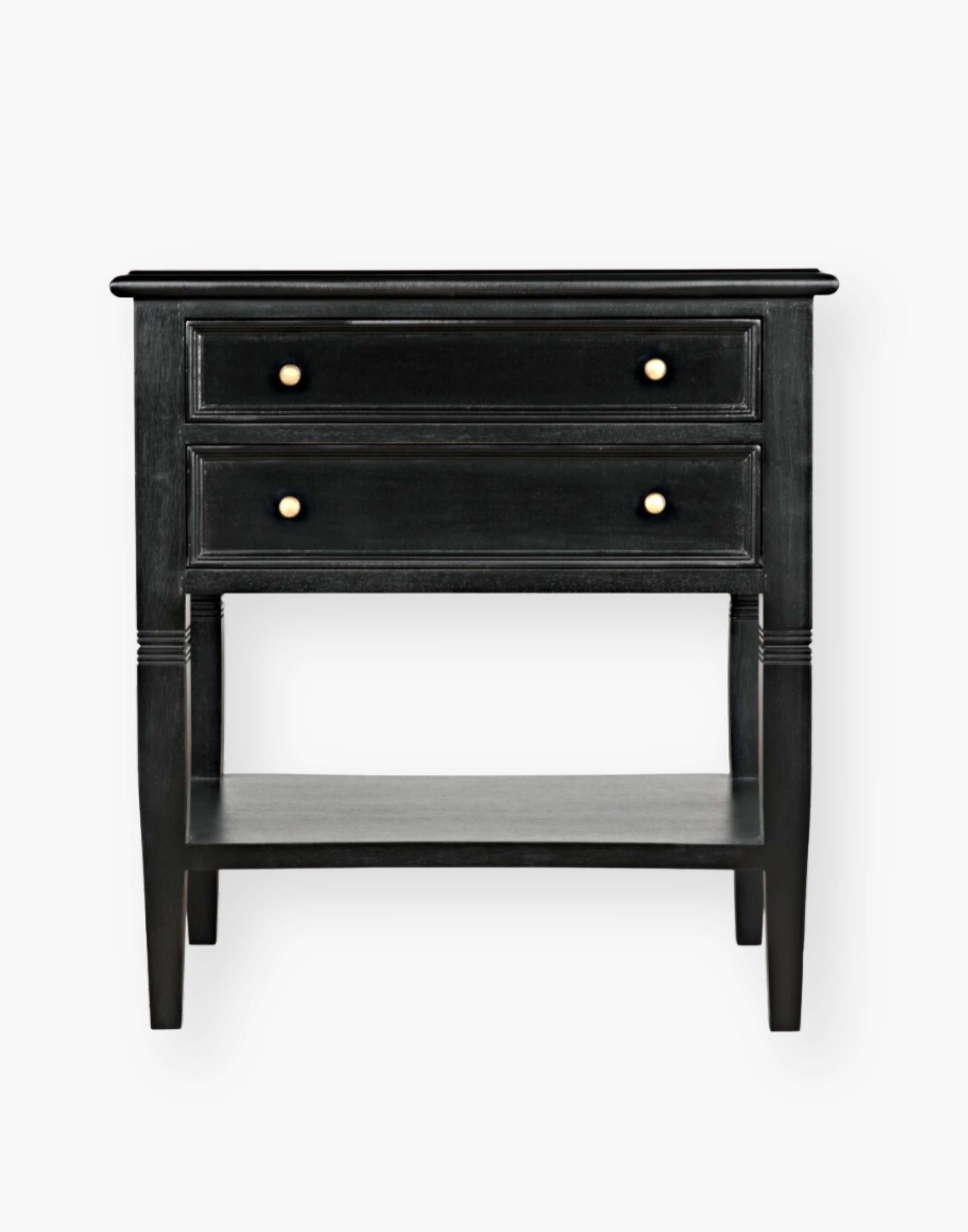 Hand Rubbed Black Mahogany and veneer side table with brass pulls, modern design, perfect for sofa or bedside.