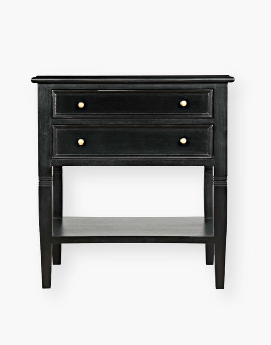 Hand Rubbed Black Mahogany and veneer side table with brass pulls, modern design, perfect for sofa or bedside.