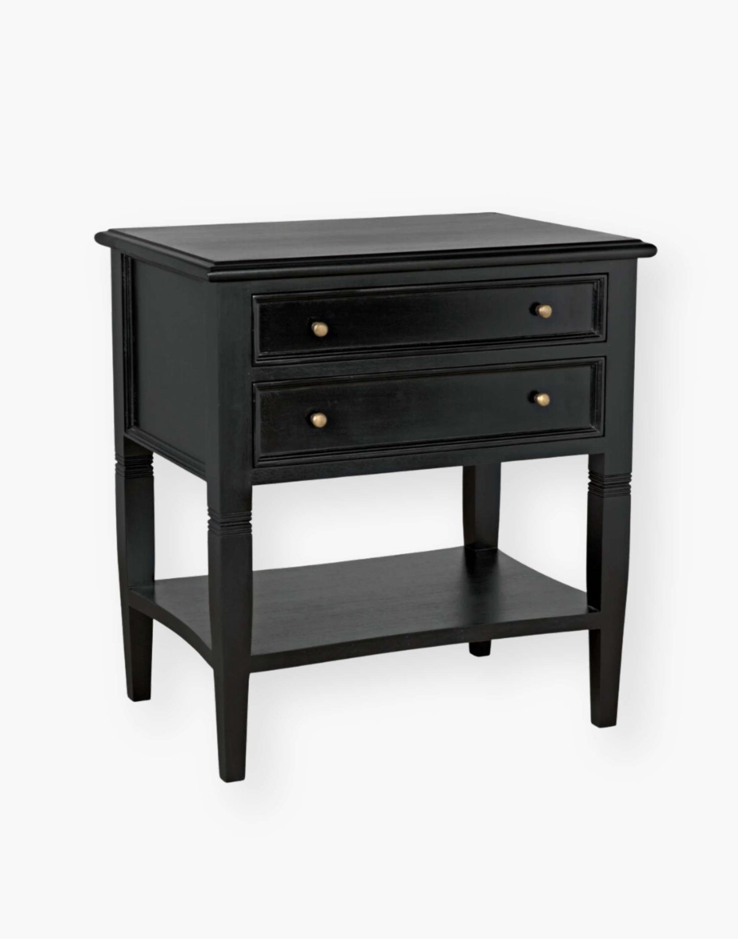 Hand Rubbed Black Mahogany and veneer side table with brass pulls, modern design, perfect for sofa or bedside.