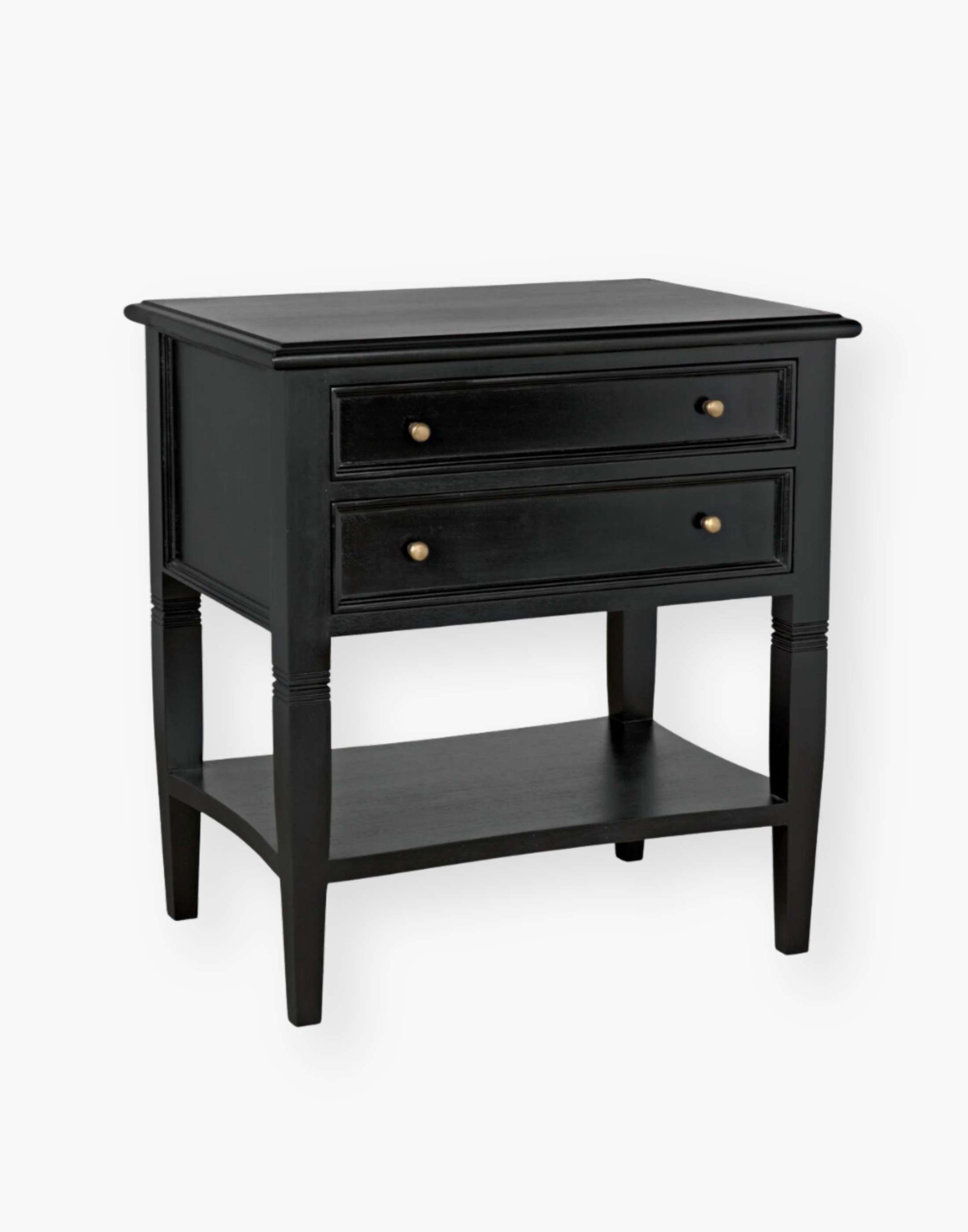 Hand Rubbed Black Mahogany and veneer side table with brass pulls, modern design, perfect for sofa or bedside.