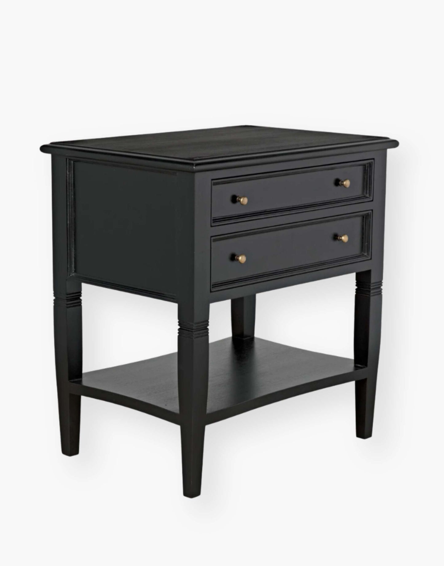 Hand Rubbed Black Mahogany and veneer side table with brass pulls, modern design, perfect for sofa or bedside.