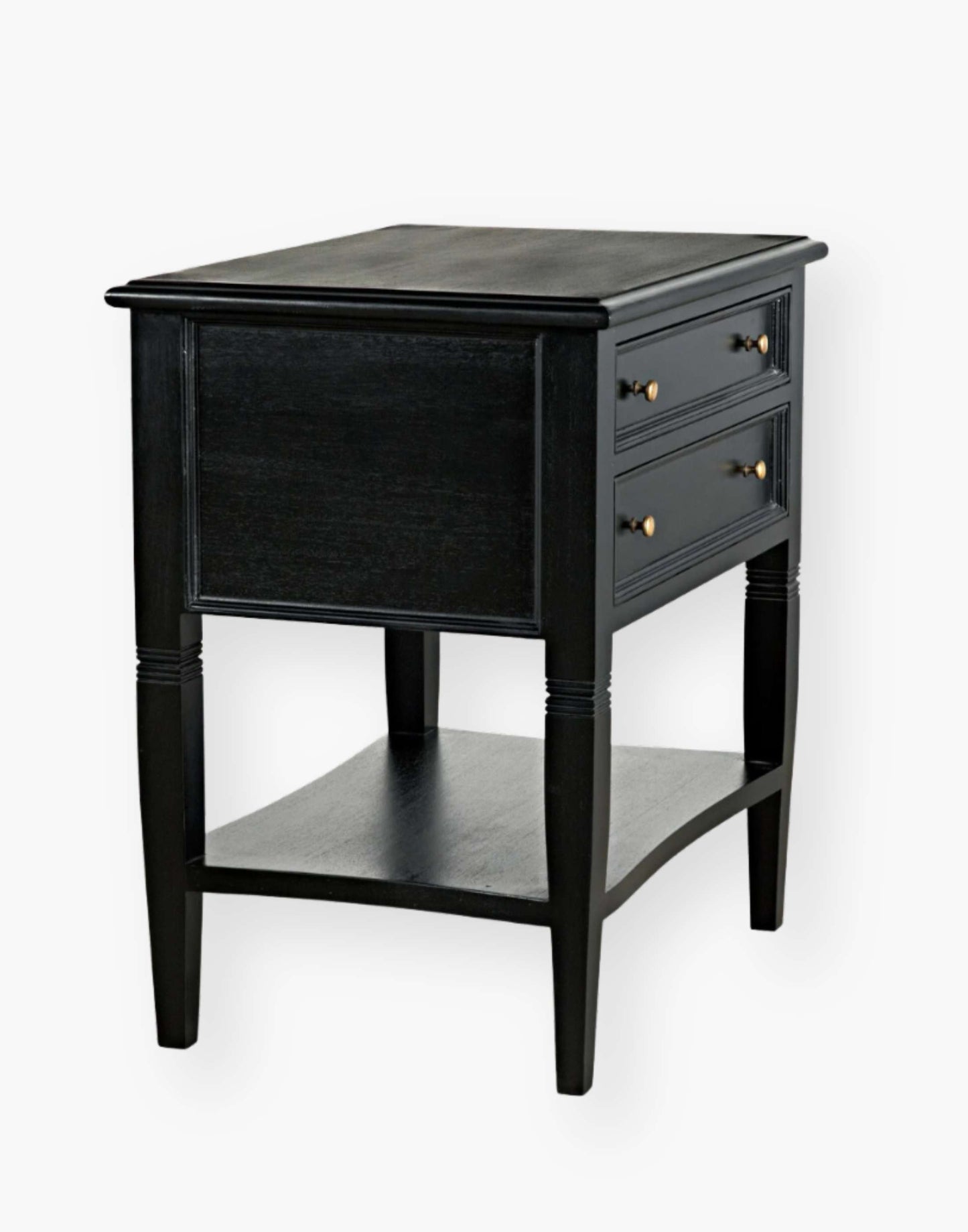 Hand Rubbed Black Mahogany and veneer side table with brass pulls, modern design, perfect for sofa or bedside.