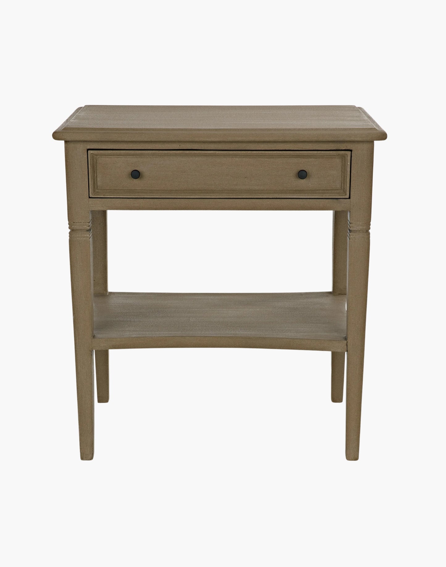 Weathered Solid mahogany side table with tapered legs and decorative carvings. Perfect for living rooms or bedrooms.