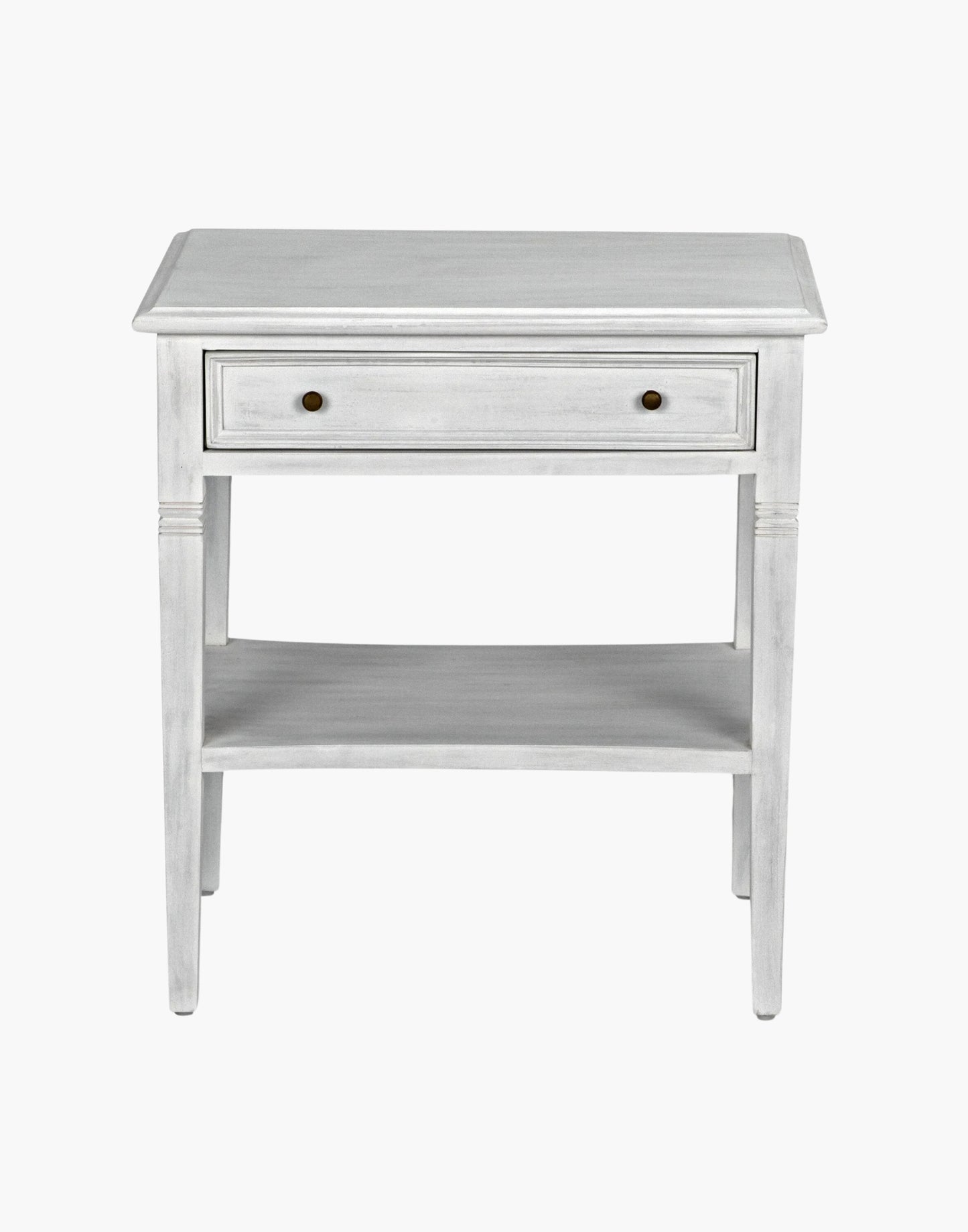 Weathered Wash Solid mahogany side table with tapered legs and decorative carvings. Perfect for living rooms or bedrooms.