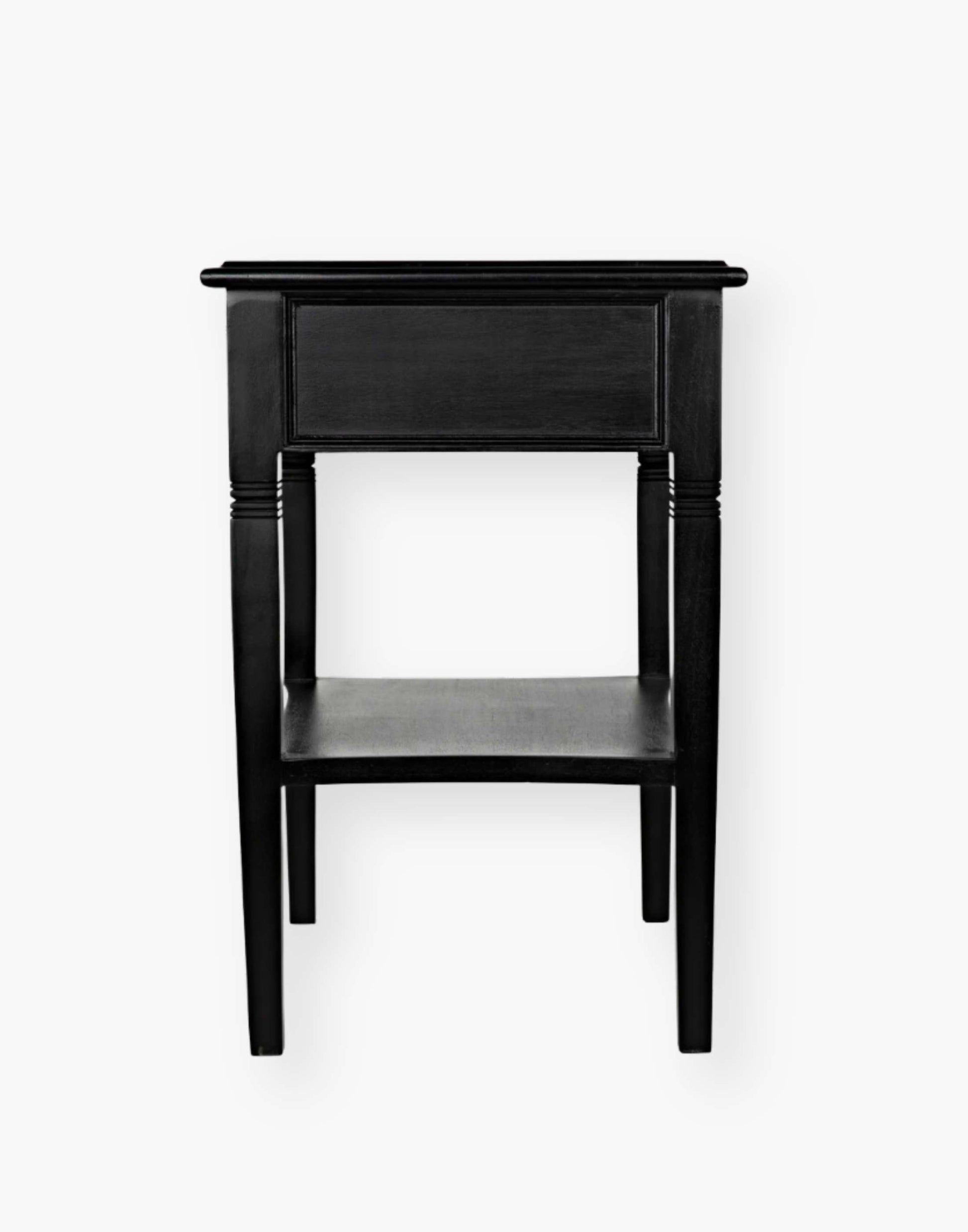 Weathered Black Solid mahogany side table with tapered legs and decorative carvings. Perfect for living rooms or bedrooms.