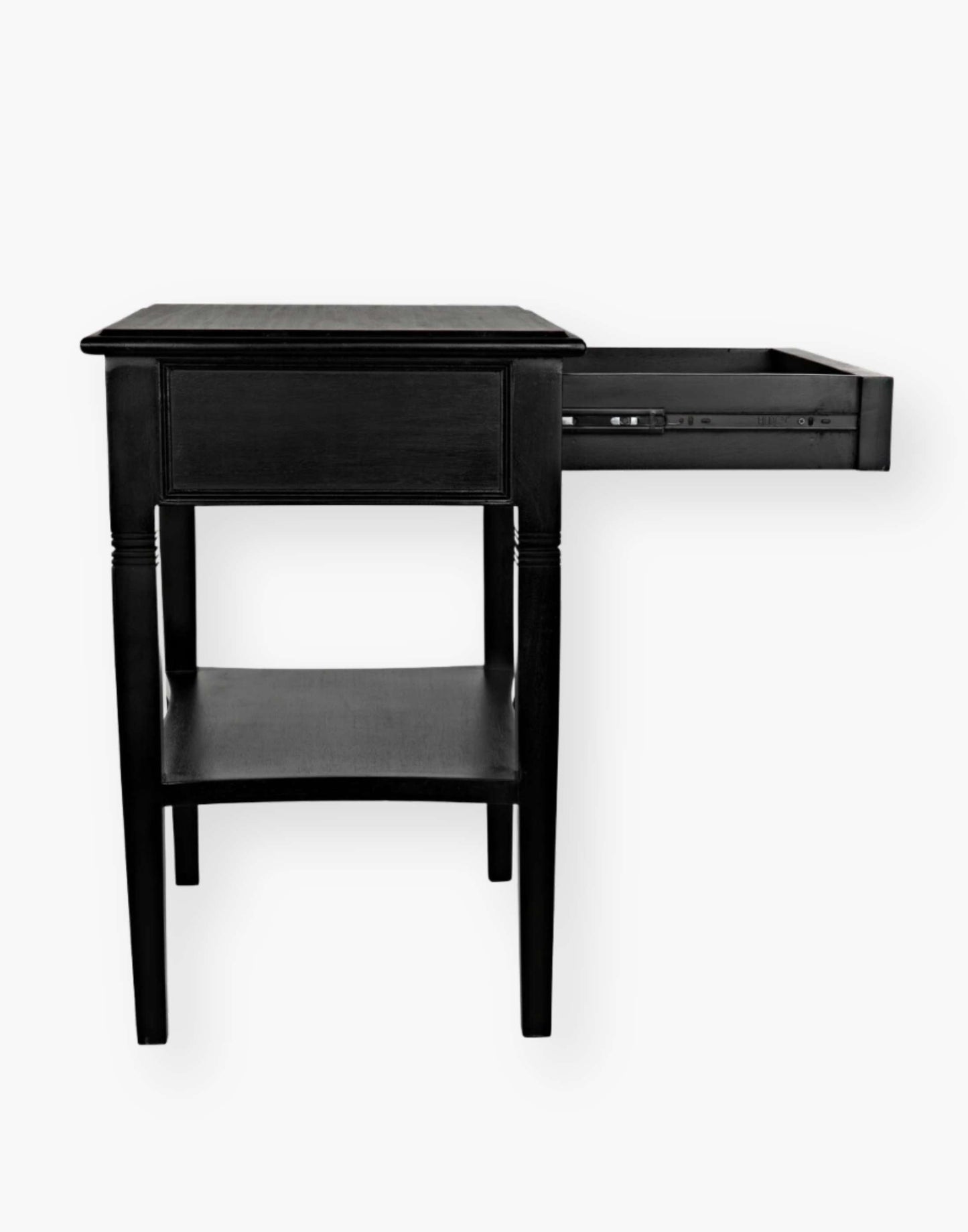 Weathered Black Solid mahogany side table with tapered legs and decorative carvings. Perfect for living rooms or bedrooms.