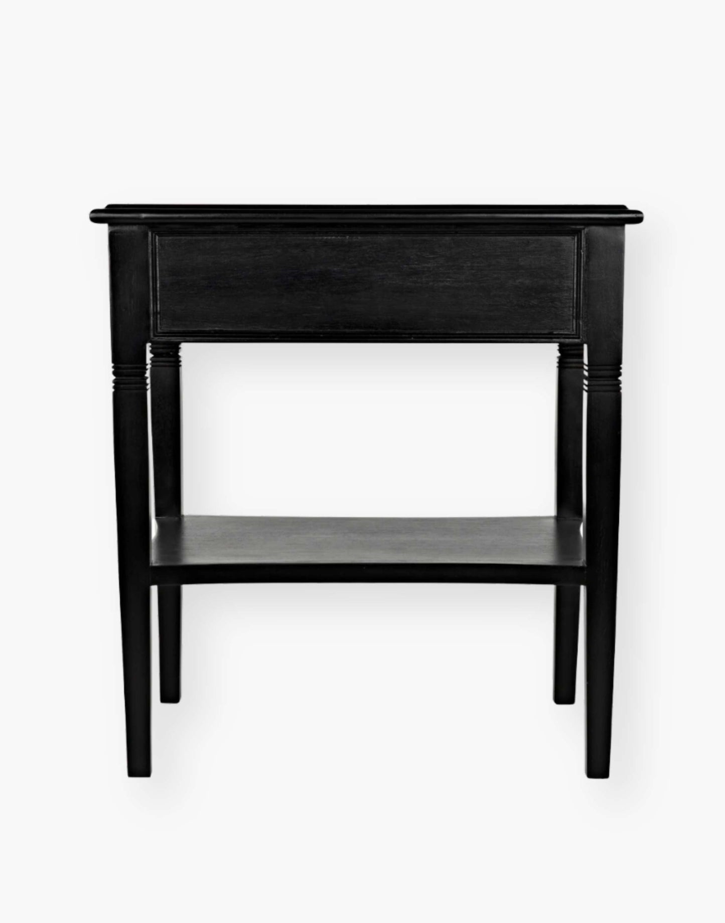 Weathered Black Solid mahogany side table with tapered legs and decorative carvings. Perfect for living rooms or bedrooms.