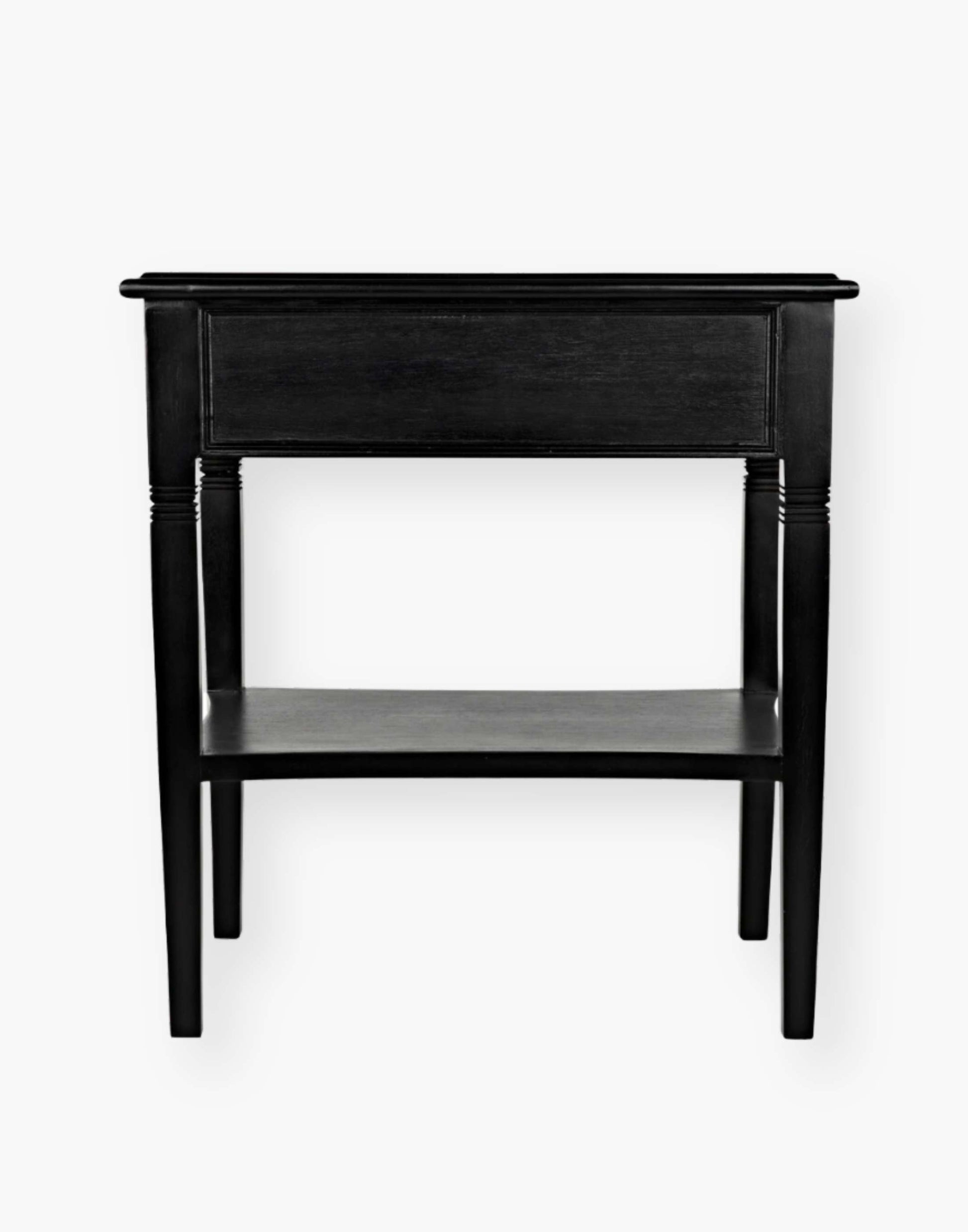 Weathered Black Solid mahogany side table with tapered legs and decorative carvings. Perfect for living rooms or bedrooms.