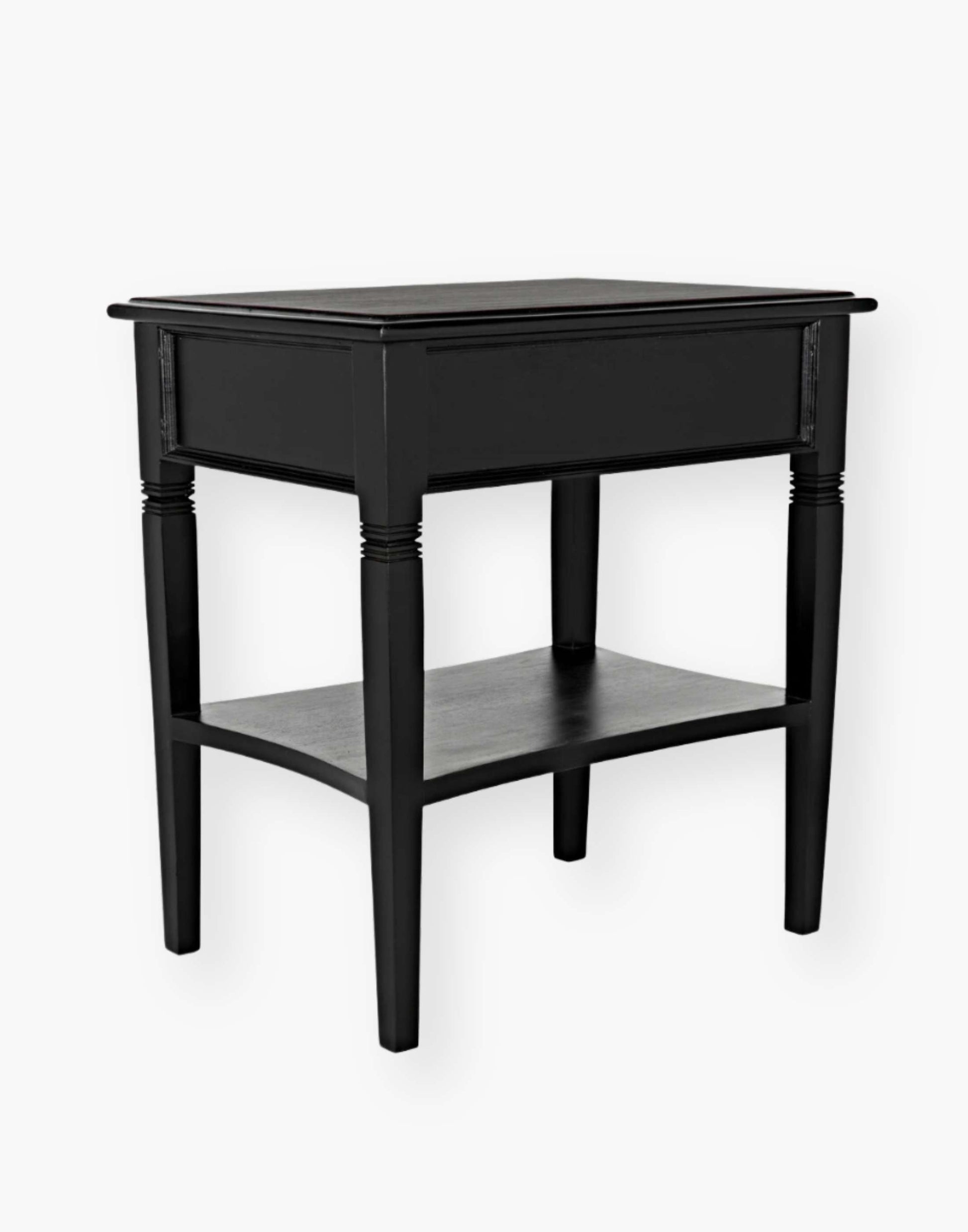 Weathered Black Solid mahogany side table with tapered legs and decorative carvings. Perfect for living rooms or bedrooms.