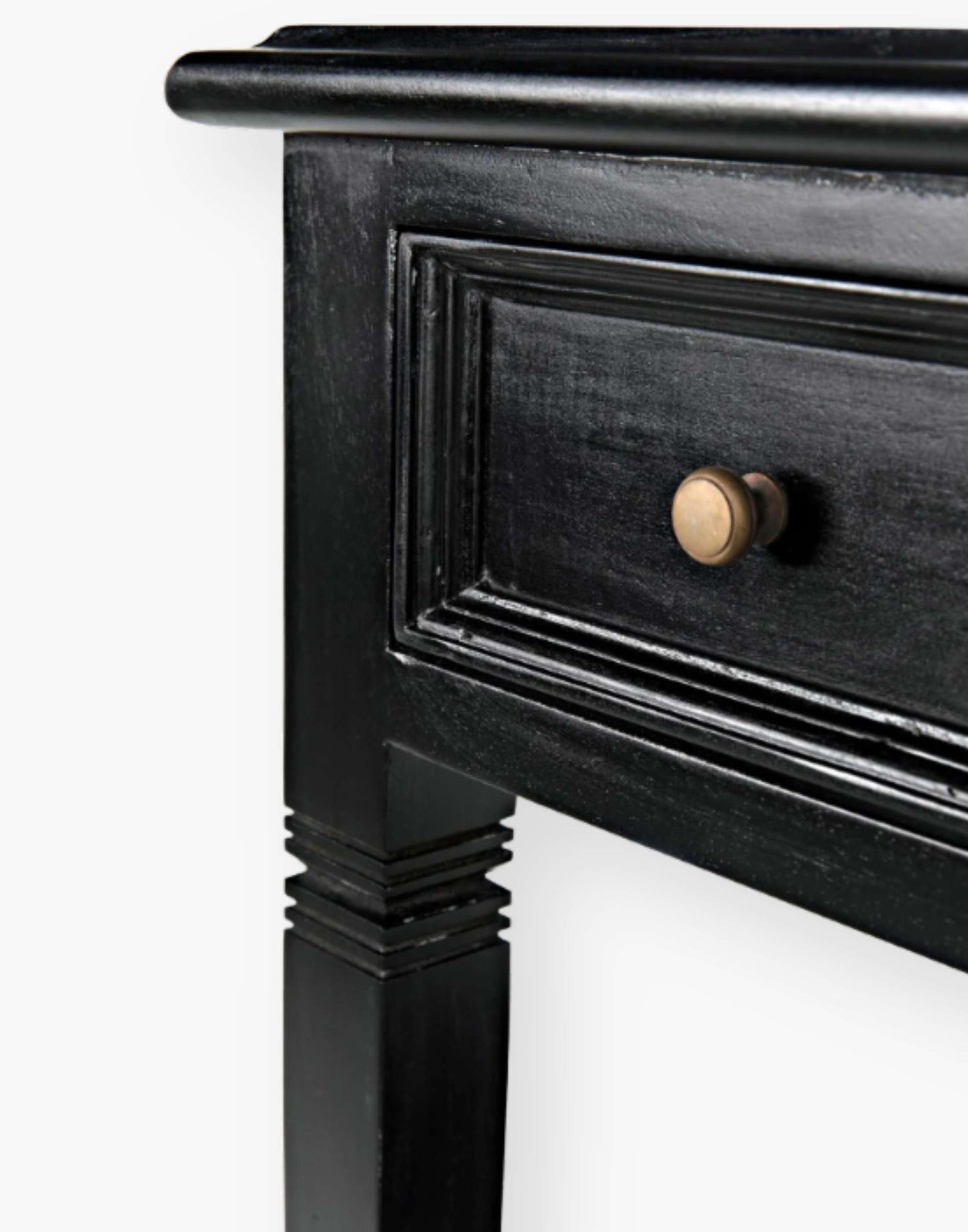 Weathered Black Solid mahogany side table with tapered legs and decorative carvings. Perfect for living rooms or bedrooms.