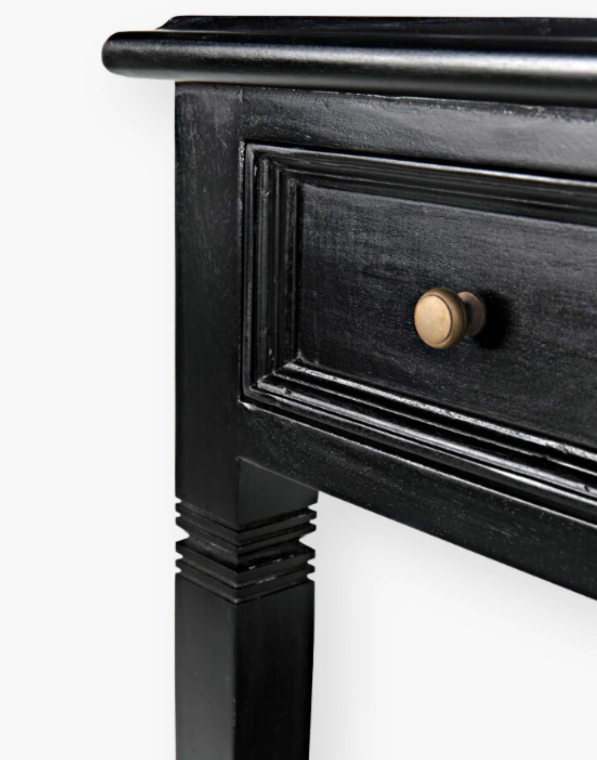 Weathered Black Solid mahogany side table with tapered legs and decorative carvings. Perfect for living rooms or bedrooms.