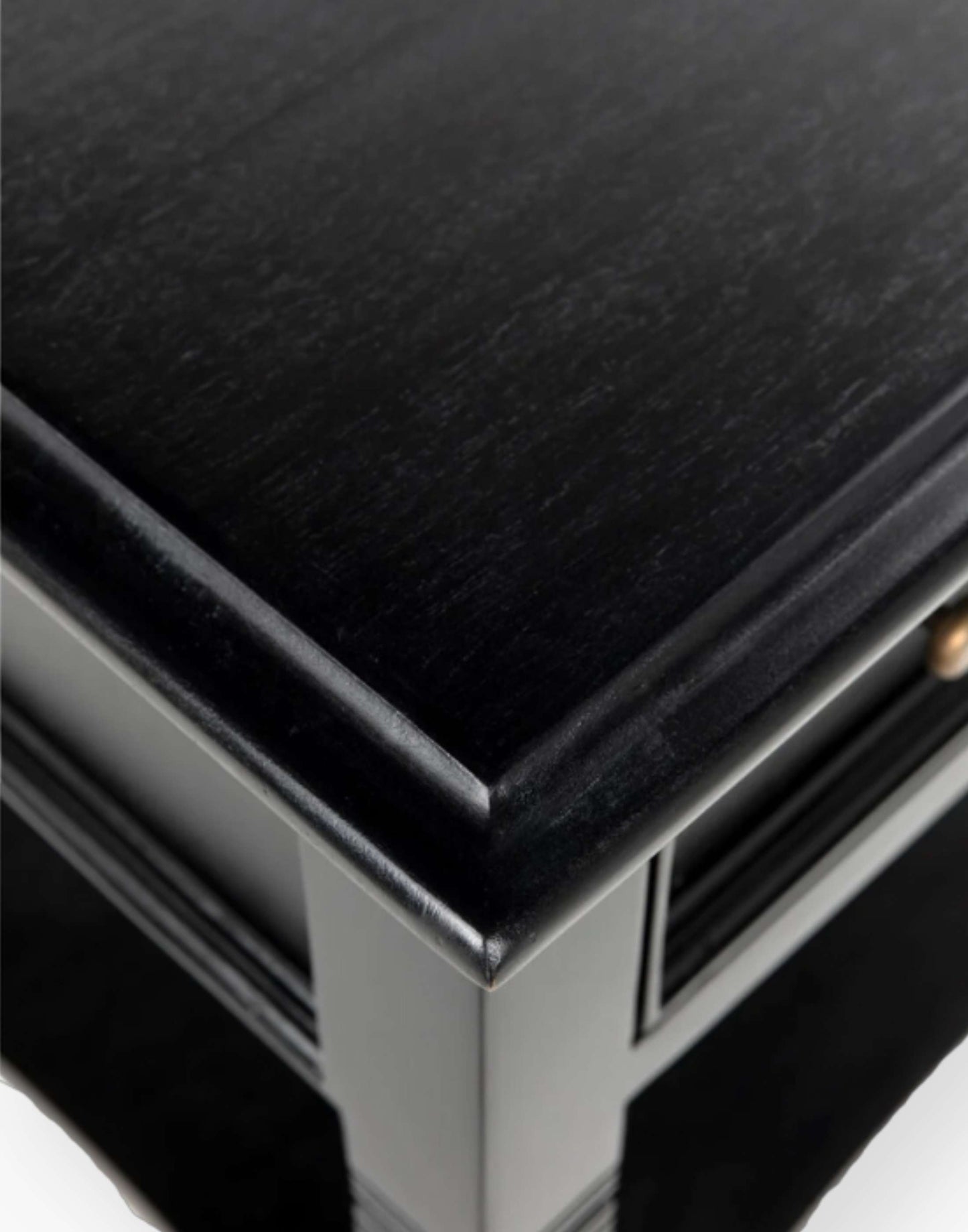 Weathered Black Solid mahogany side table with tapered legs and decorative carvings. Perfect for living rooms or bedrooms.