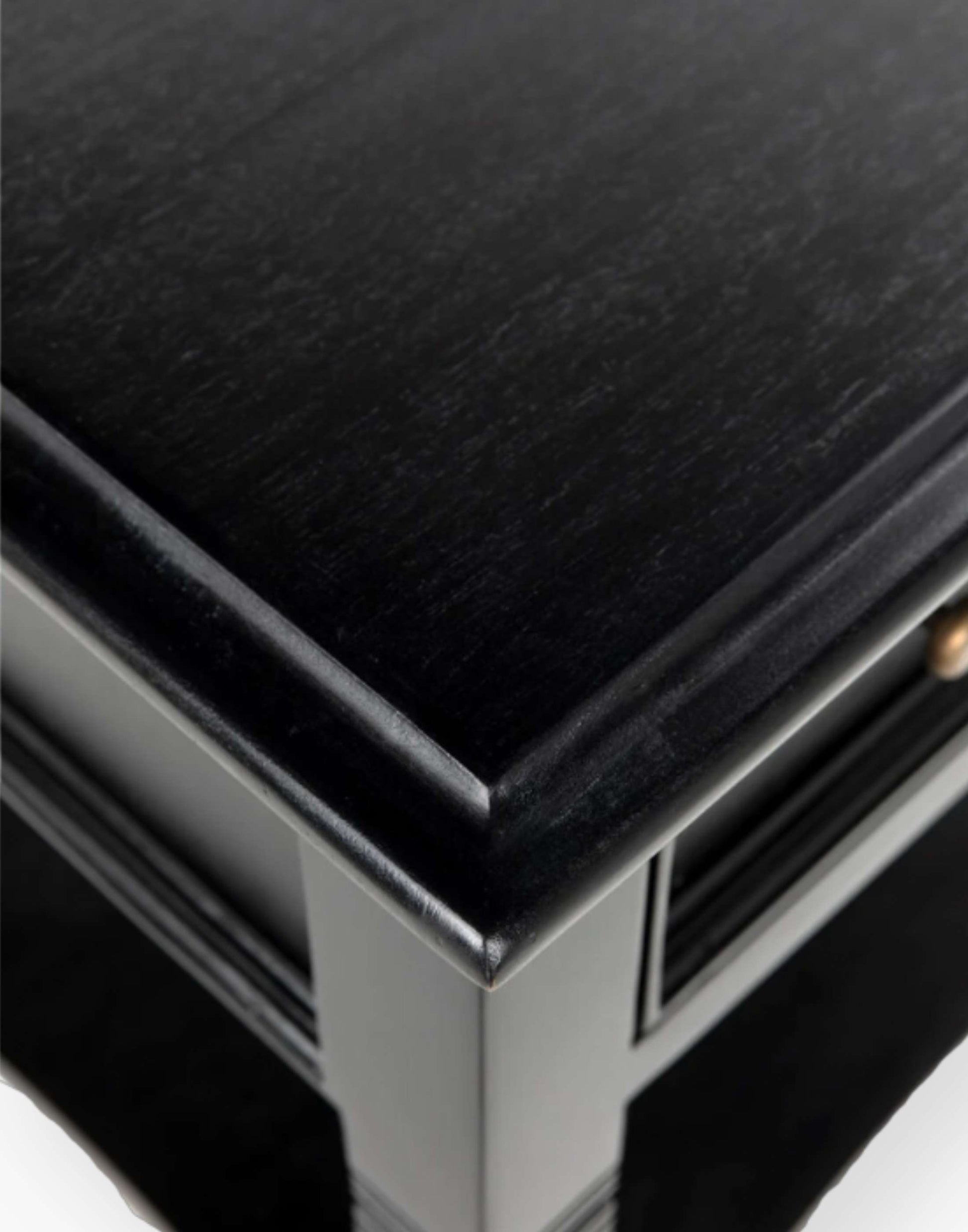 Weathered Black Solid mahogany side table with tapered legs and decorative carvings. Perfect for living rooms or bedrooms.