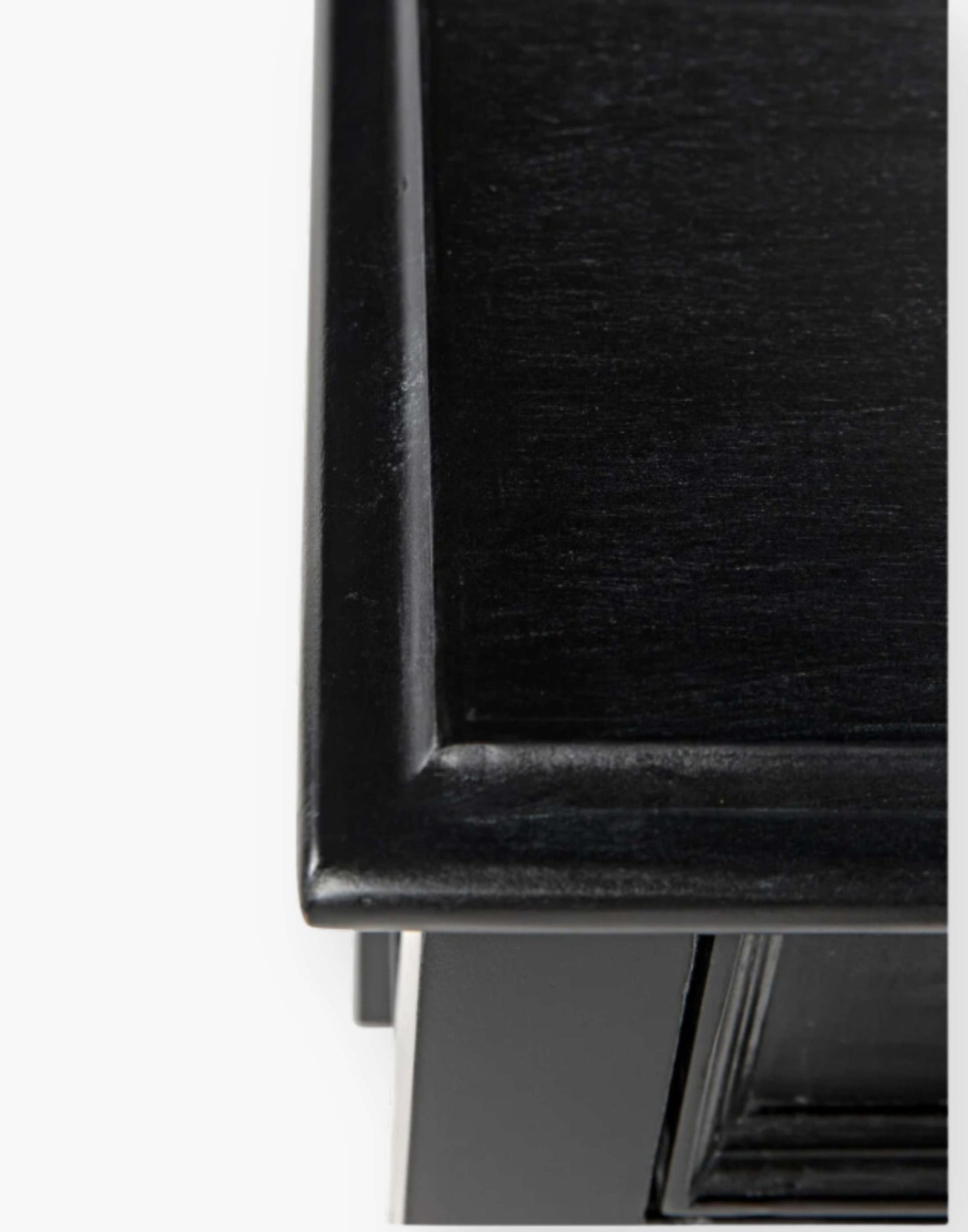 Weathered Black Solid mahogany side table with tapered legs and decorative carvings. Perfect for living rooms or bedrooms.