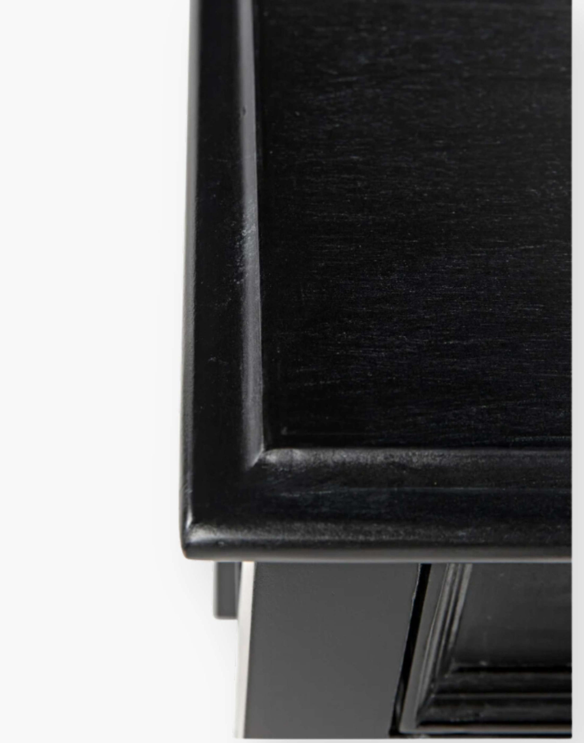 Weathered Black Solid mahogany side table with tapered legs and decorative carvings. Perfect for living rooms or bedrooms.