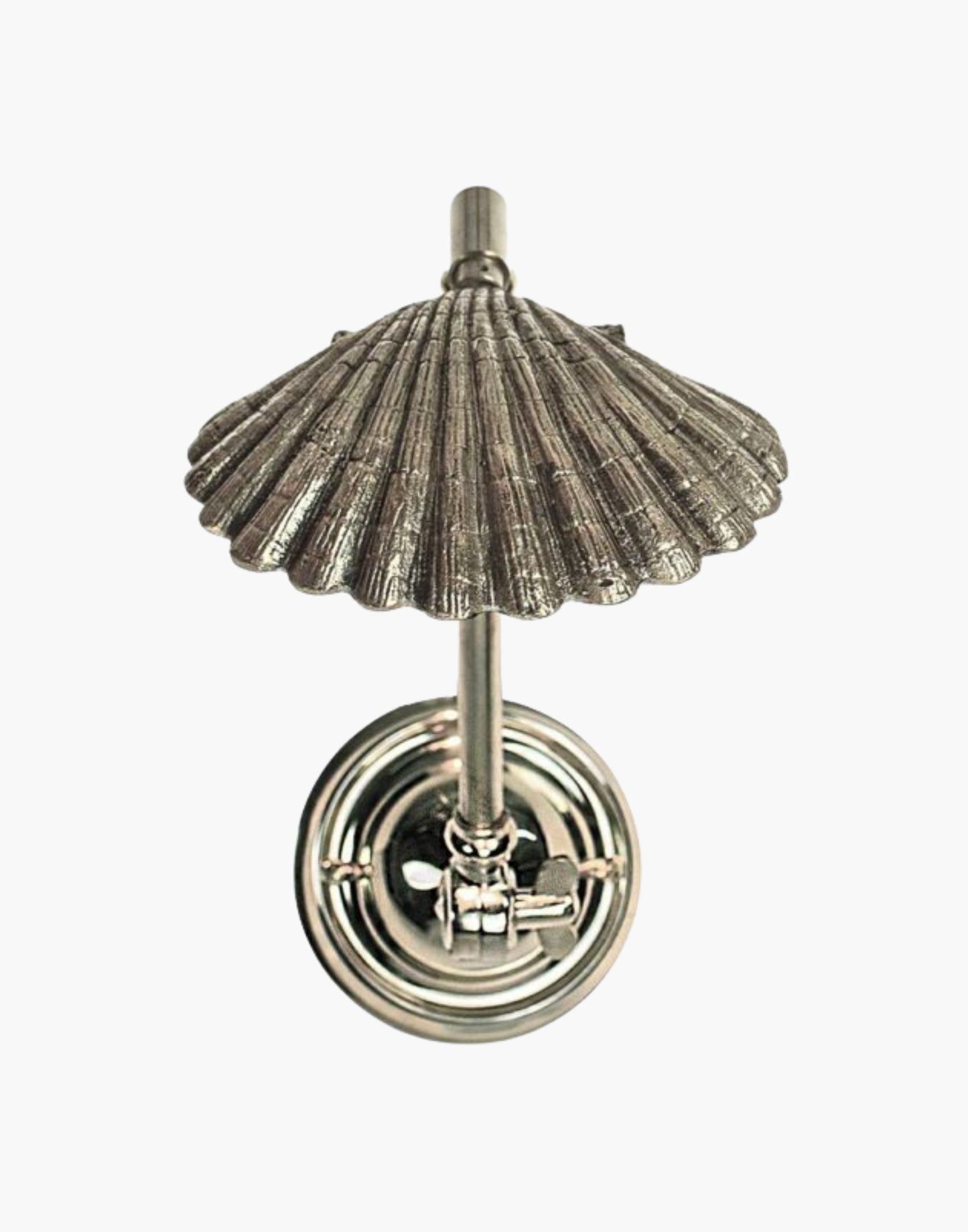  Nickel Oyster Shell Adjustable Wall Light in solid brass. Handcrafted with swivel and knuckle joint for versatile illumination. Ideal for reading and bedside use.