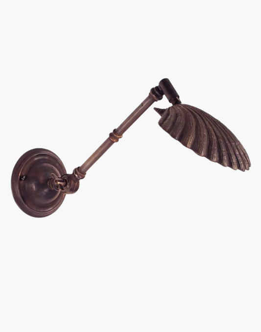  Old Antique Oyster Shell Adjustable Wall Light in solid brass. Handcrafted with swivel and knuckle joint for versatile illumination. Ideal for reading and bedside use.