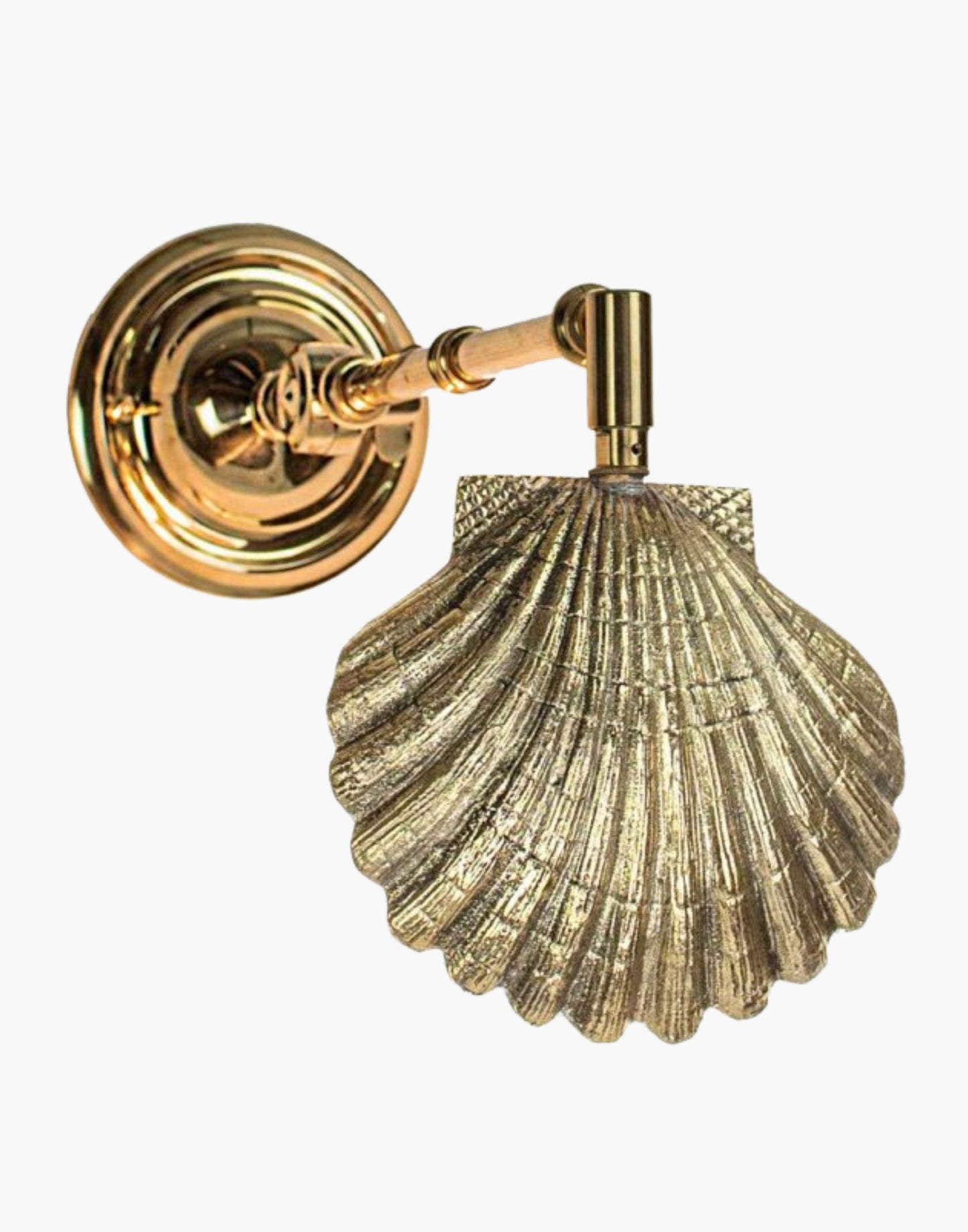  Polished Lacquered Oyster Shell Adjustable Wall Light in solid brass. Handcrafted with swivel and knuckle joint for versatile illumination. Ideal for reading and bedside use.