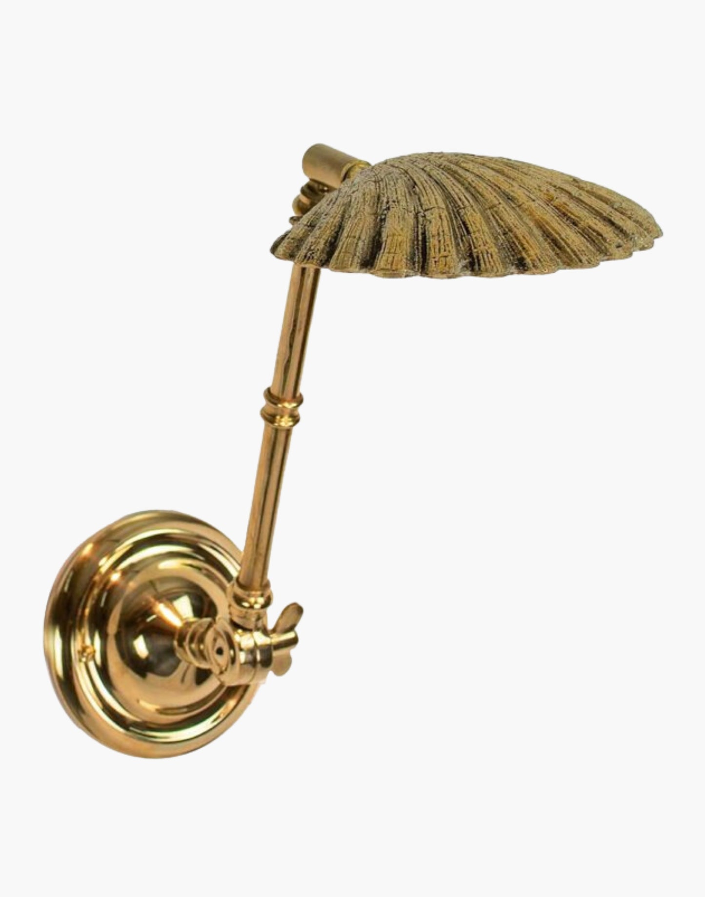 Unlacquered Natural Oyster Shell Adjustable Wall Light in solid brass. Handcrafted with swivel and knuckle joint for versatile illumination. Ideal for reading and bedside use.