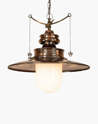 Distressed with Opal Glass Paddington Pendant (Large) C1890: Solid copper, brass detail. Vintage gas light replica with on/off pull chains. 19.7" chain included.