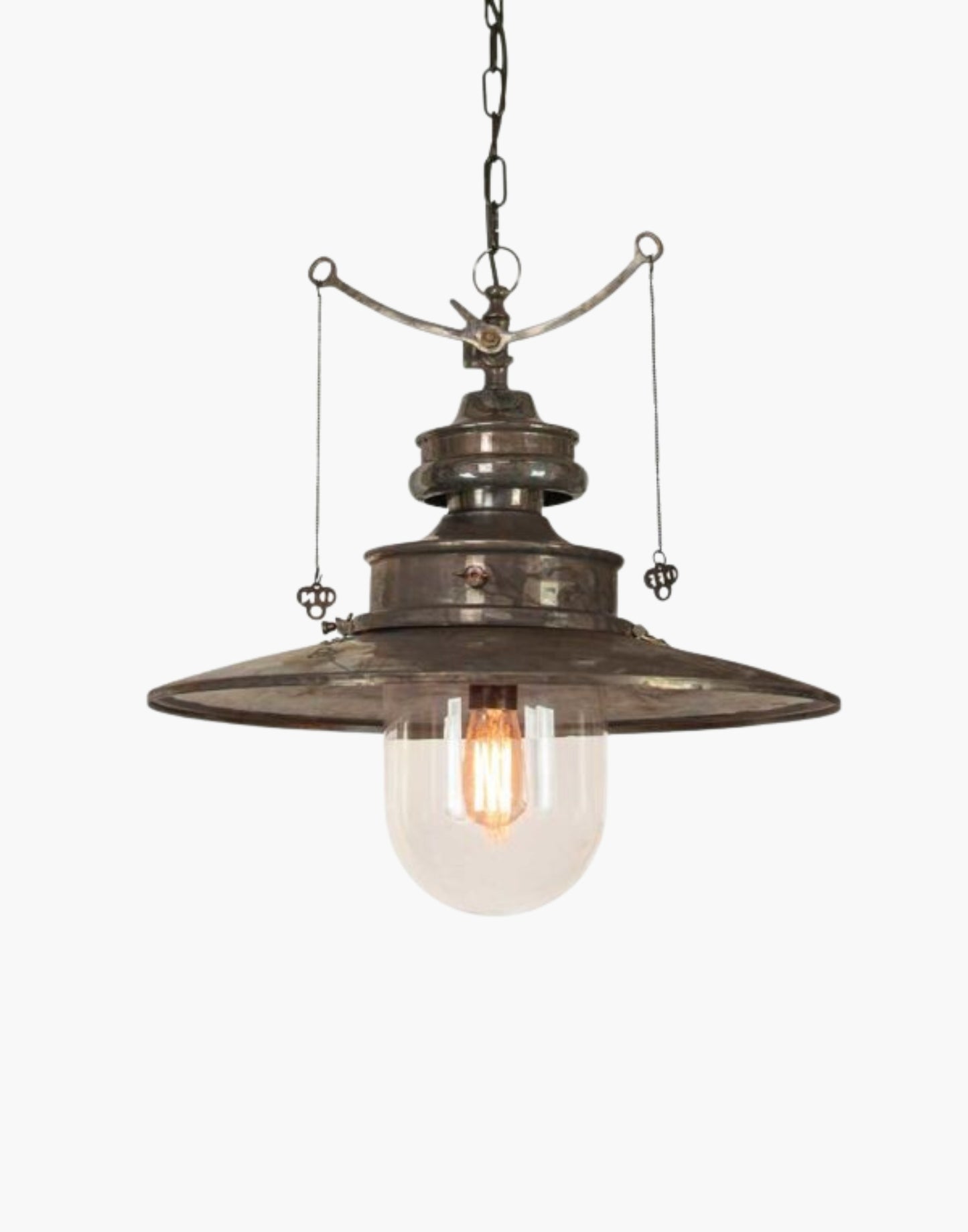 Old Antique Clear Glass Paddington Pendant (Large) C1890: Solid copper, brass detail. Vintage gas light replica with on/off pull chains. 19.7" chain included.