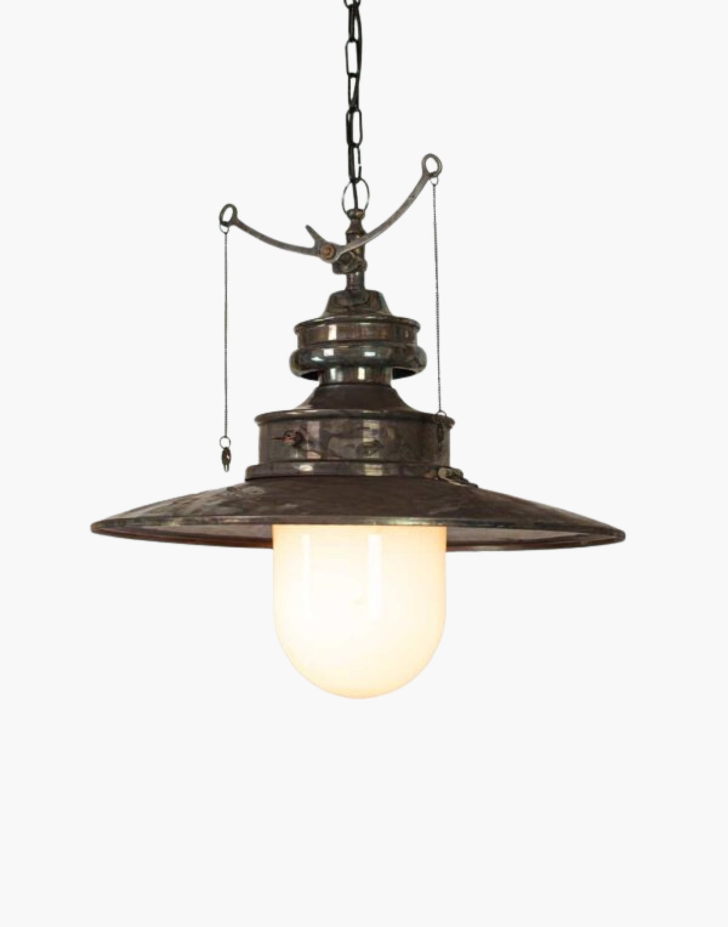 Old Antique Opal Glass Paddington Pendant (Large) C1890: Solid copper, brass detail. Vintage gas light replica with on/off pull chains. 19.7" chain included.
