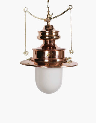 Polished Lacquered with Opal Glass Paddington Pendant C1890: Solid copper, brass detail. Gas light replica with brass valve mechanism, on/off pull chains. Includes 19.7" chain, ceiling rose.