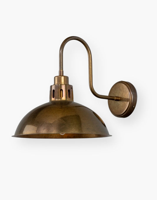 Wall Sconce curved arm, metal dome, vintage industrial style, warm focused lighting for kitchens or entryways