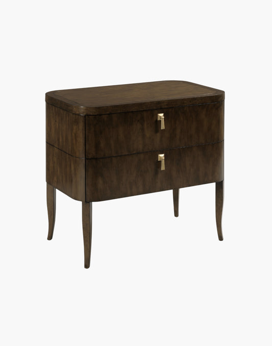 Bedside chest in Mink finish with cherry veneer, three drawers, and brass hardware for bedroom storage.