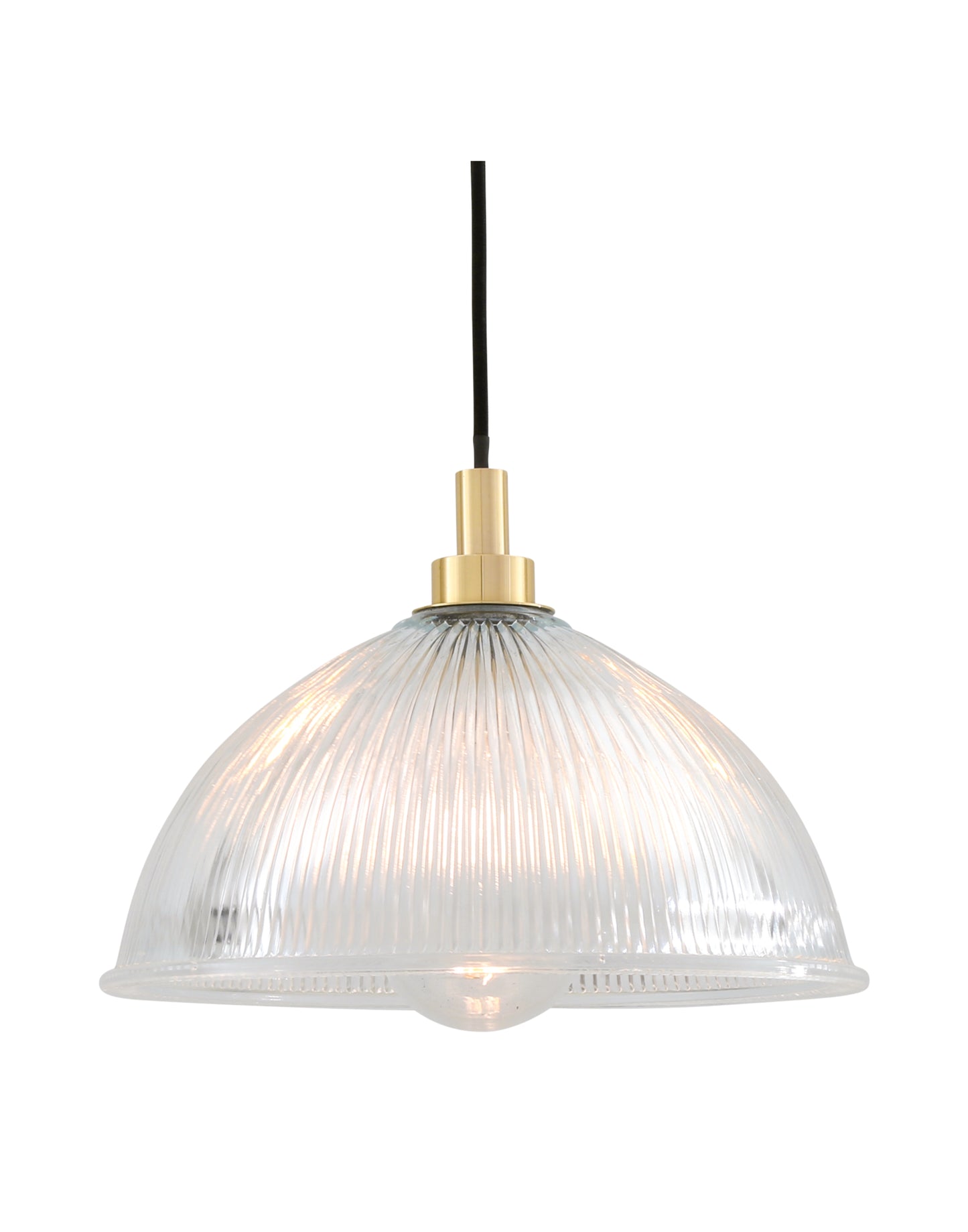 brass outdoor pendant light with ribbed glass shade and protective clear glass cover, suitable for wet locations and exterior porch lighting.