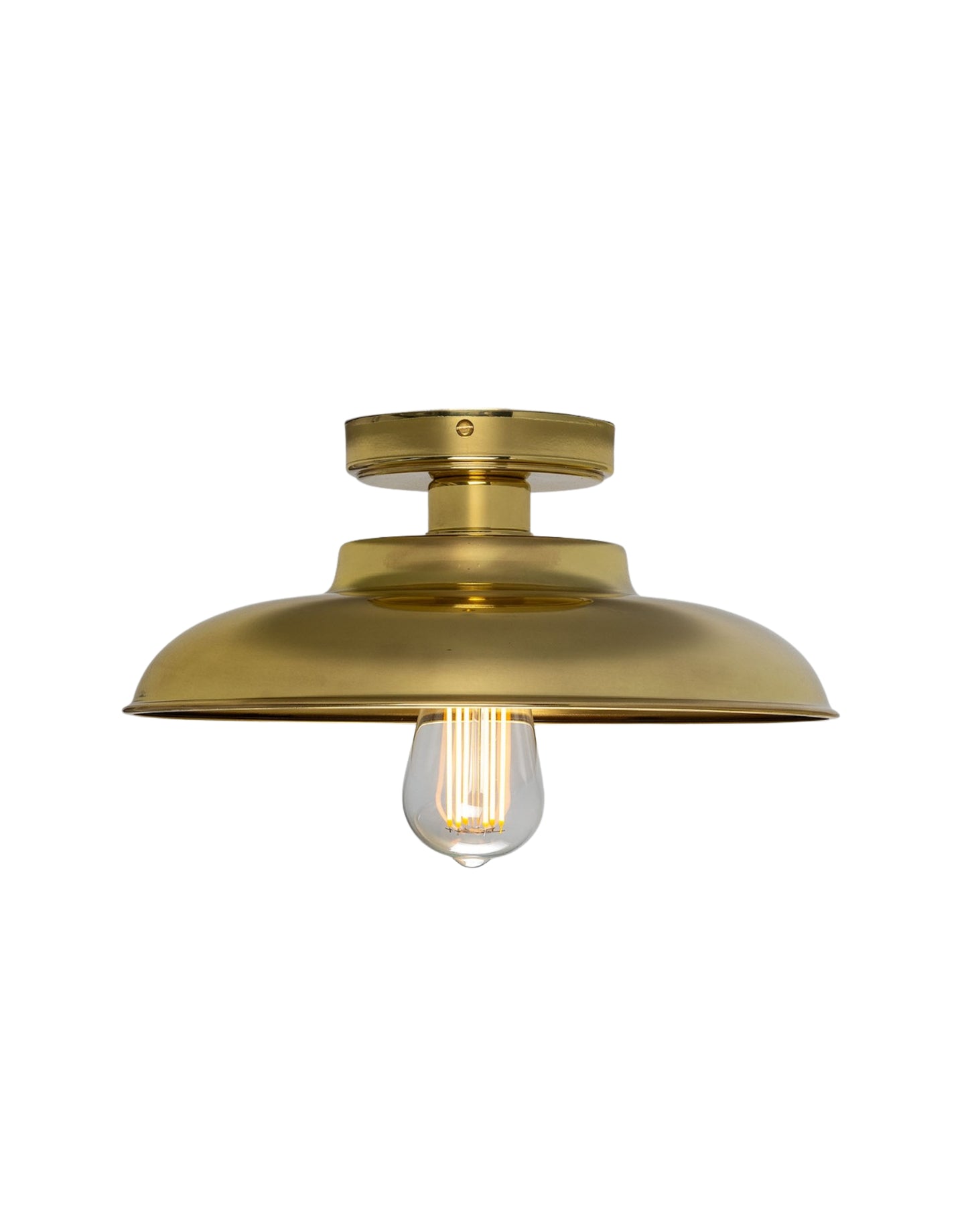 Ceiling Fitting in brass with shallow open shade, vintage-inspired design, suitable for kitchens, entryways, and contemporary or traditional interiors.