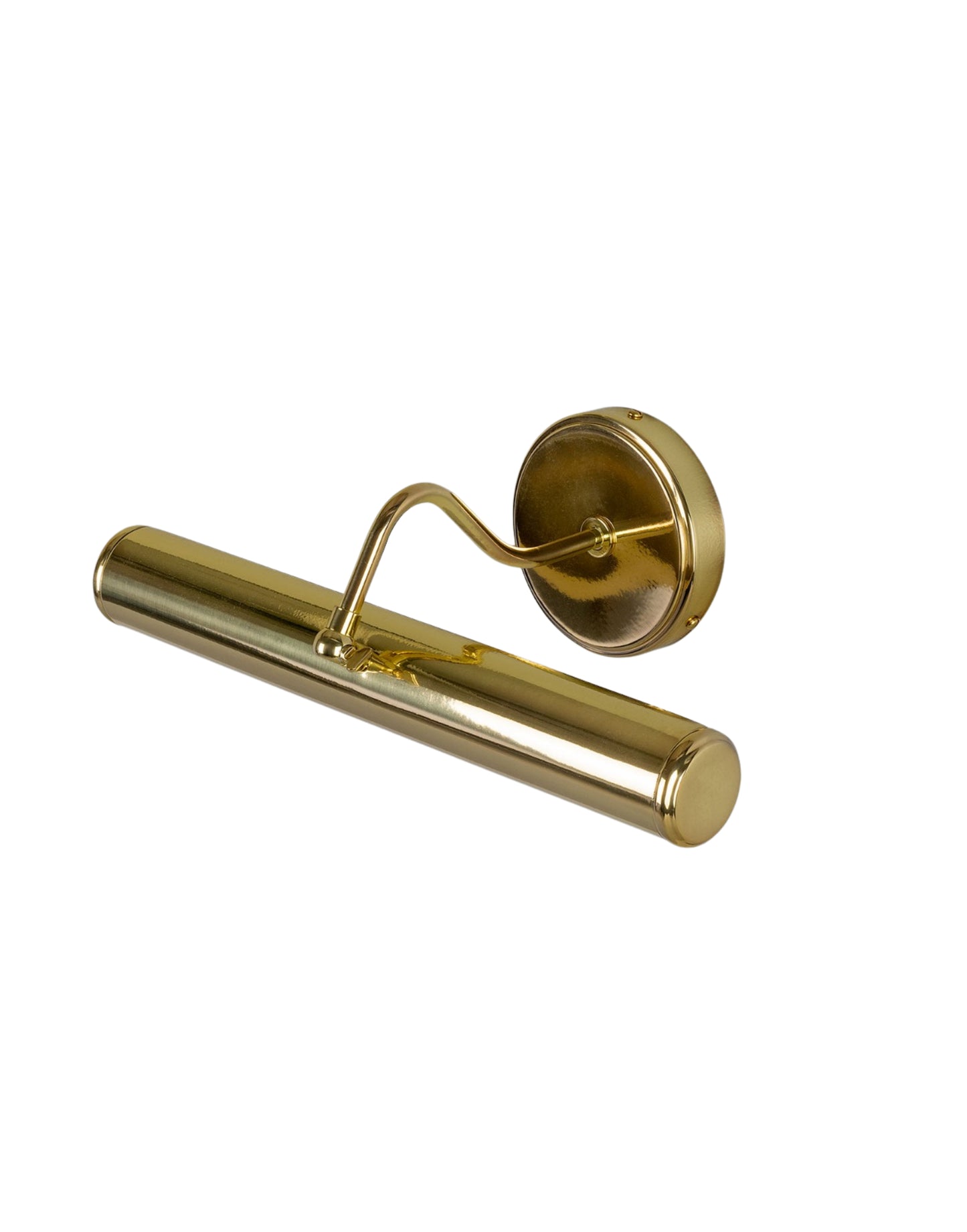Solid brass picture light with adjustable curved arm and cylindrical shade, aged brass finish, perfect for highlighting artwork in traditional or modern interiors.