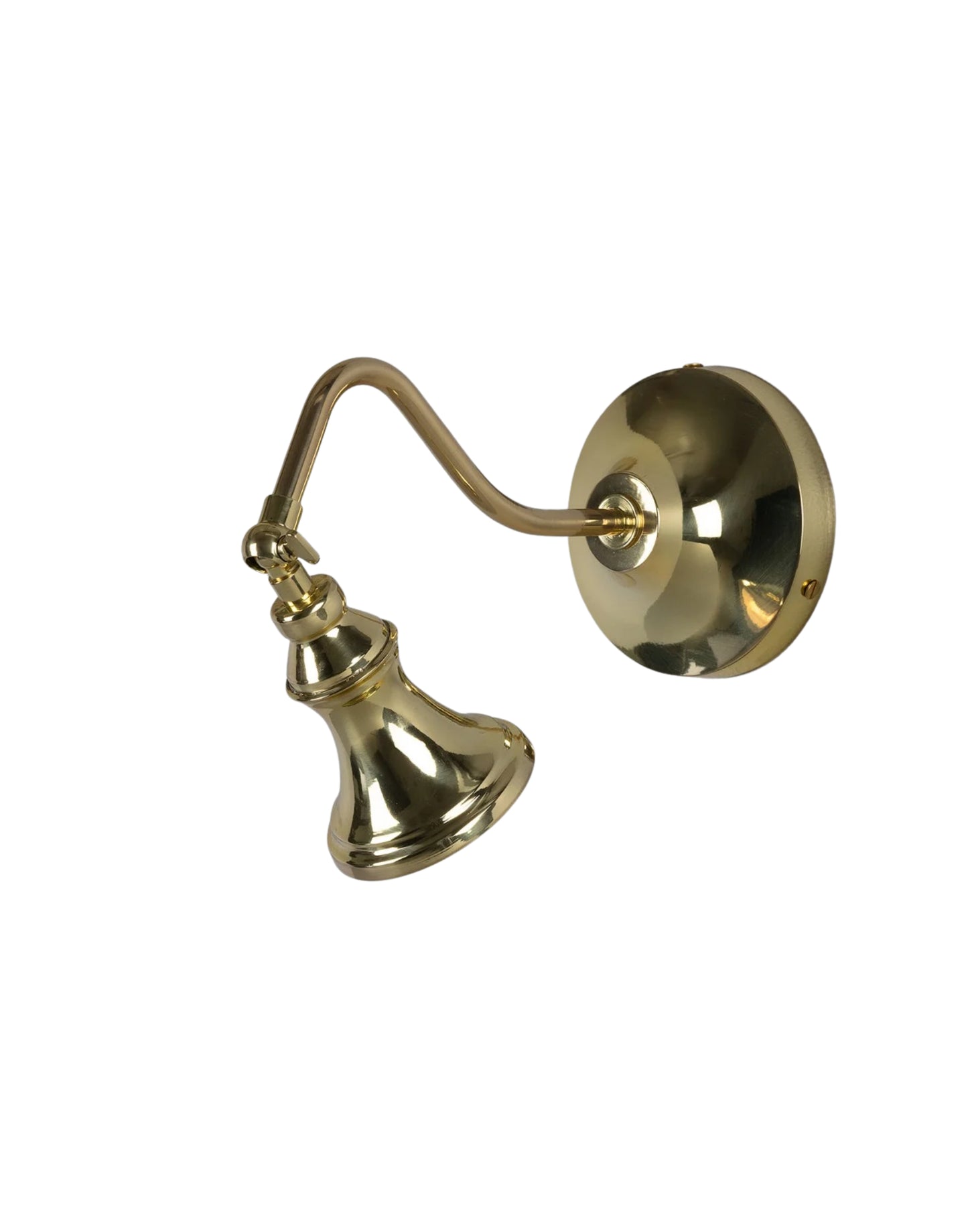 Wall Light adjustable brass spotlight with flared shade and curved arm, designed to highlight artwork, architectural details, or accent lighting in dry interior spaces.