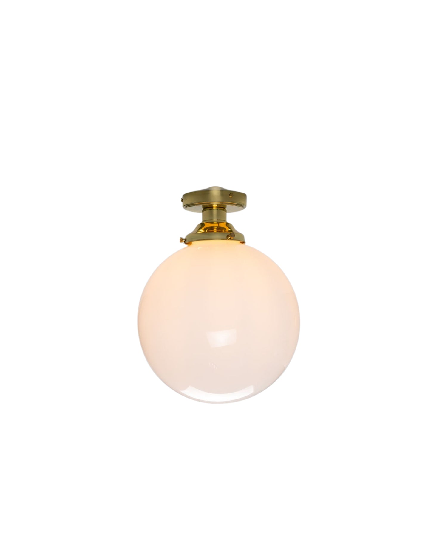 Opal glass globe ceiling light with brass fittings, flush mount, ambient lighting for hallways, kitchens, and bedrooms.