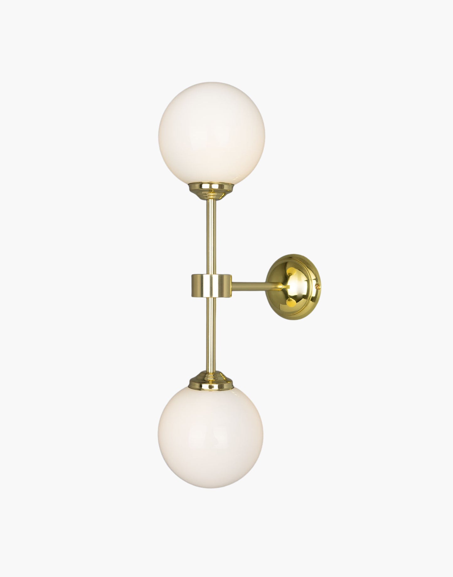 Double Globe Wall Sconce brass frame, two opal glass globes, soft ambient lighting for hallways, living rooms, or boutique hotels