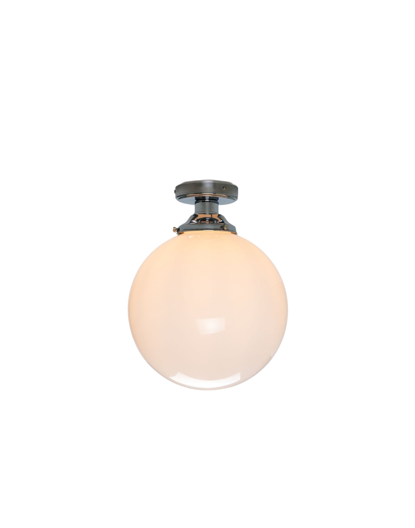 Opal glass globe ceiling light with brass fittings, flush mount, ambient lighting for hallways, kitchens, and bedrooms.