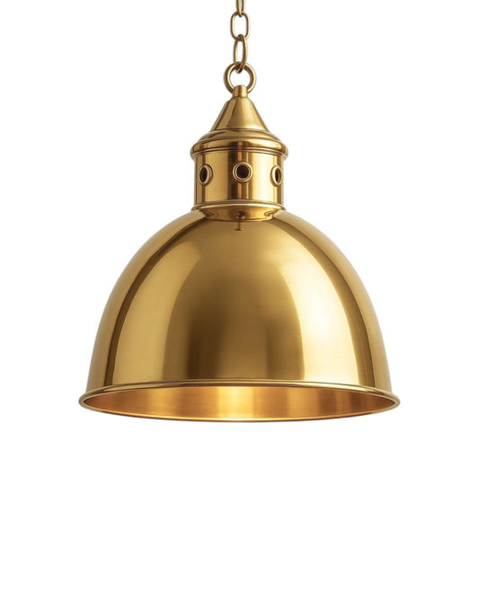 Pendant crafted from solid brass with industrial-inspired silhouette and chain suspension