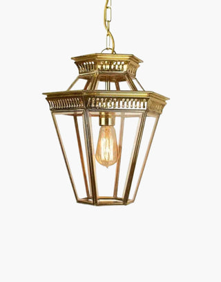 Bevelled Glass Hanging Lantern in solid brass with hand-bevelled glass panels and pierced brass fretwork, ideal for high ceilings. This elegant pendant light casts a decorative light pattern, perfect for traditional and luxury interior lighting.