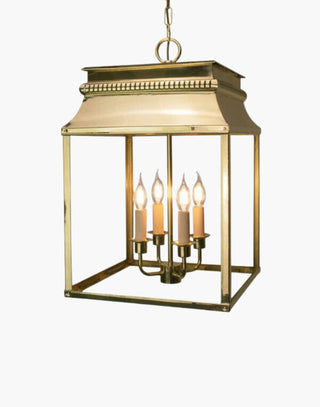 Large Bordeaux Hanging Lantern in solid brass, inspired by 19th-century French design, featuring intricate fretwork and top detail. Suitable for indoor and outdoor use, perfect for kitchens, hallways, and stairwells.