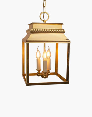 Medium Bordeaux Hanging Lantern in solid brass with intricate fretwork and top detailing, inspired by 19th-century French design. Perfect for indoor and outdoor use, ideal for hallways and stairwells.