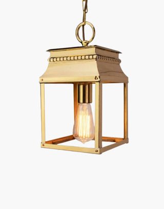 Small Bordeaux Hanging Lantern in solid brass with intricate fretwork and top detailing, inspired by 19th-century French design. Ideal for hallways, stairwells, and as an elegant over-counter light.