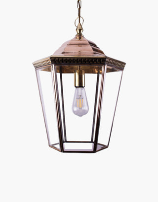 Large Chelsea Pendant Lantern made from solid copper with brass and beveled glass, designed in the classic Georgian style. Includes 500mm chain and ceiling rose, perfect for period halls, porches, and exterior lighting.