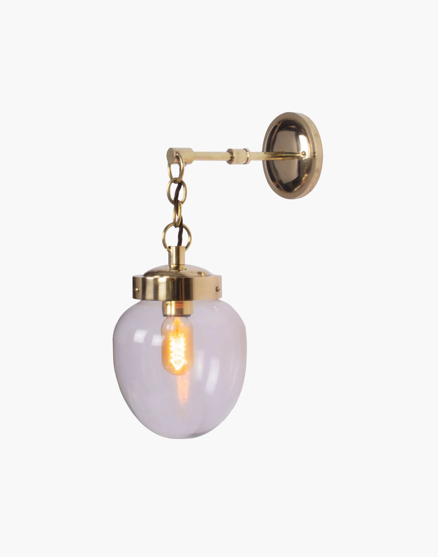 Solid brass mid-century wall light with clear or opal glass, T45 filament bulb compatible, suitable for covered outdoor and IP44 bathroom Zone 2 use.