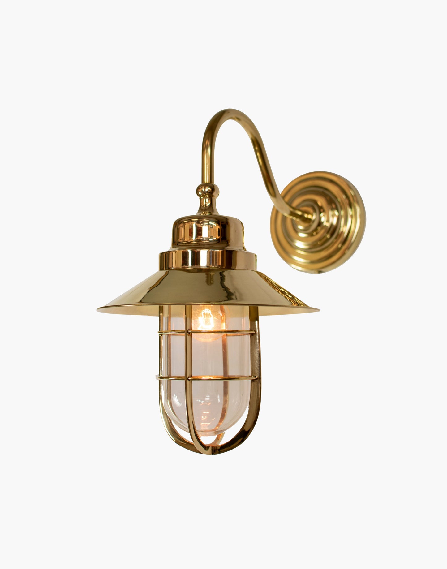 Wall Light C1915 in solid brass with clear or frosted glass, nautical wet-rated wall light for bathrooms or exterior use.