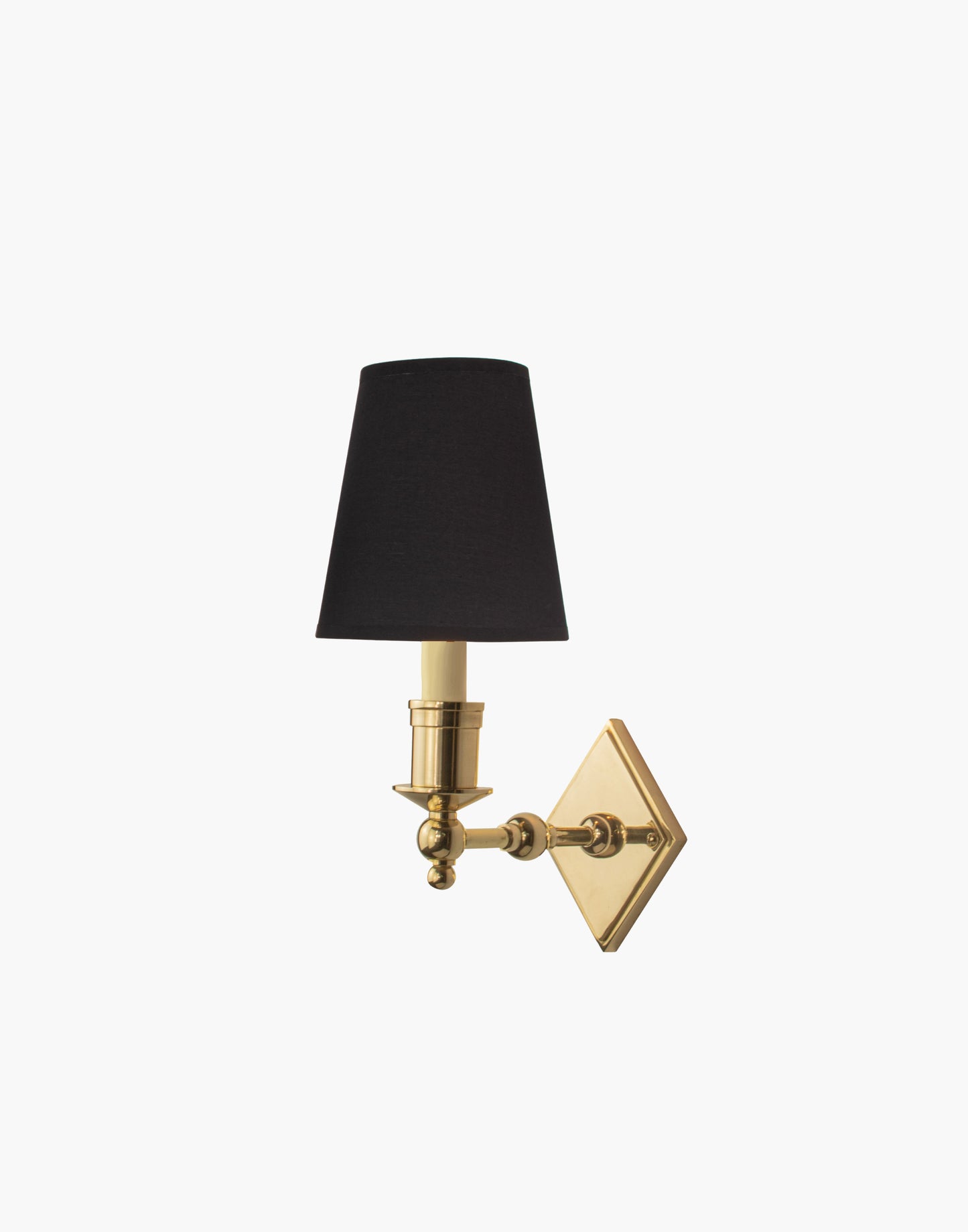 Brass wall sconce with diamond-shaped scalloped backplate and optional shade, cast and machined brass wall light.