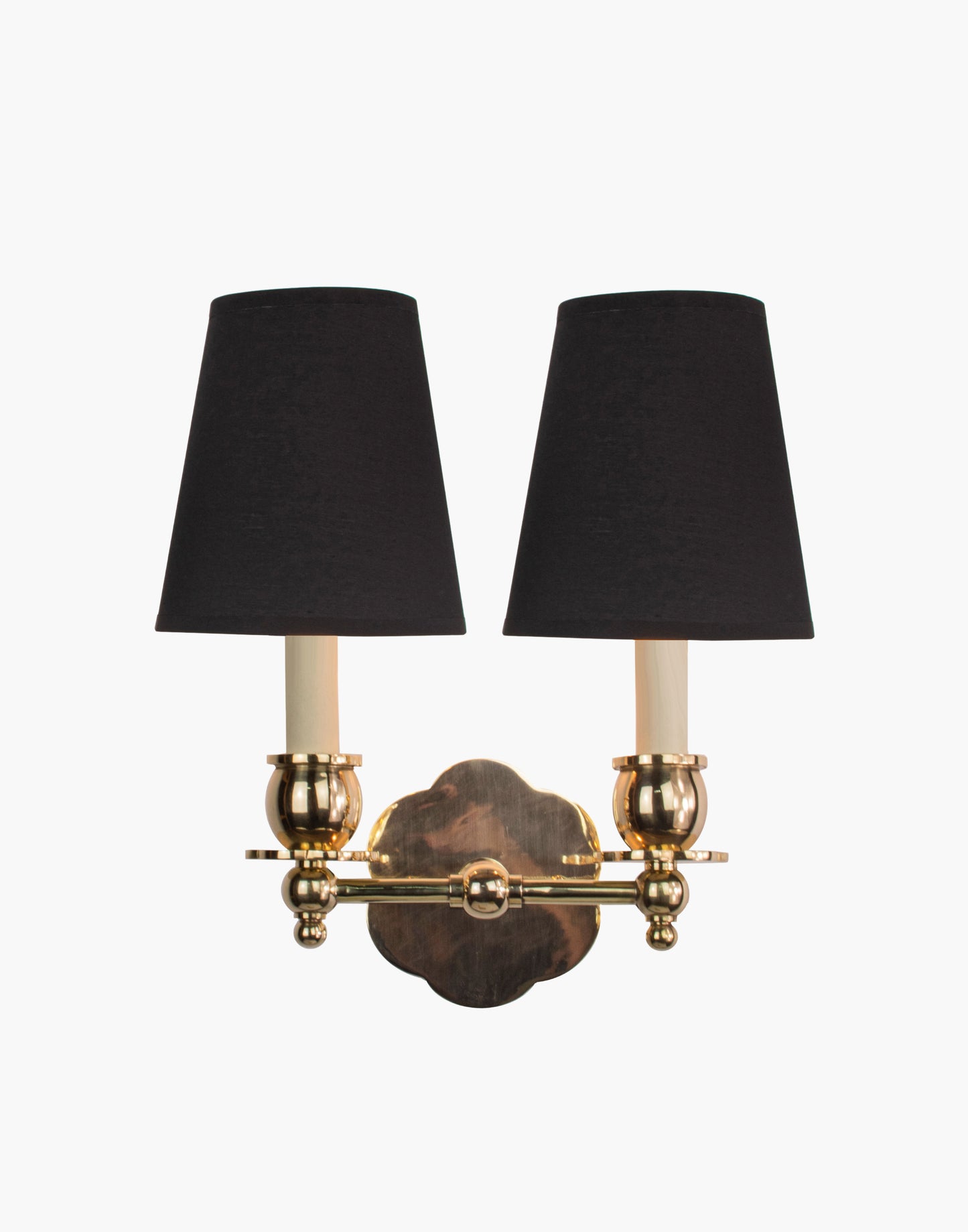 Twin Wall Sconce in solid brass with petal-shaped backplate and optional D6/D6G shades, transitional style for traditional and contemporary interiors.
